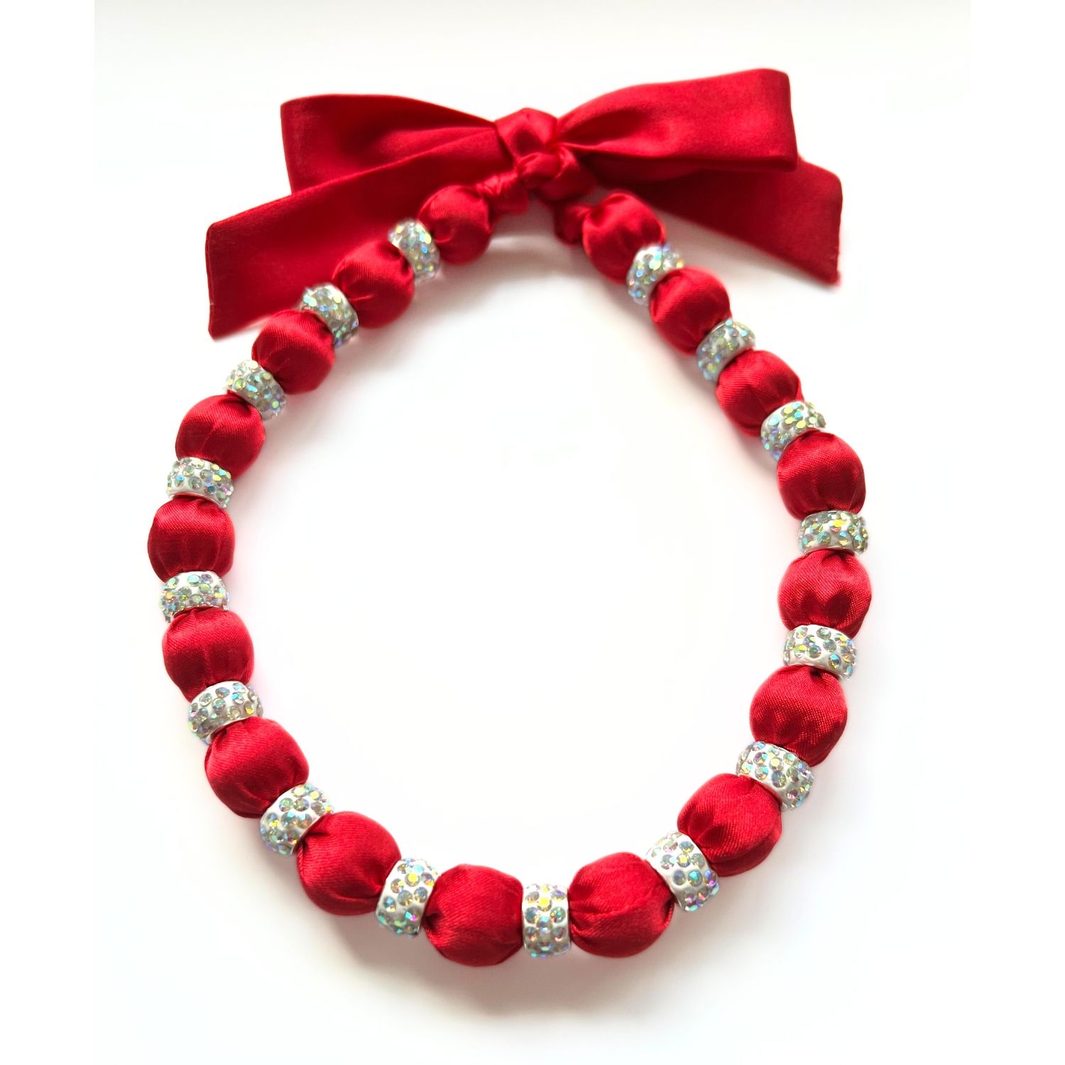 Embellished Necklace On Luxe Red Satin With Beaded Crystals