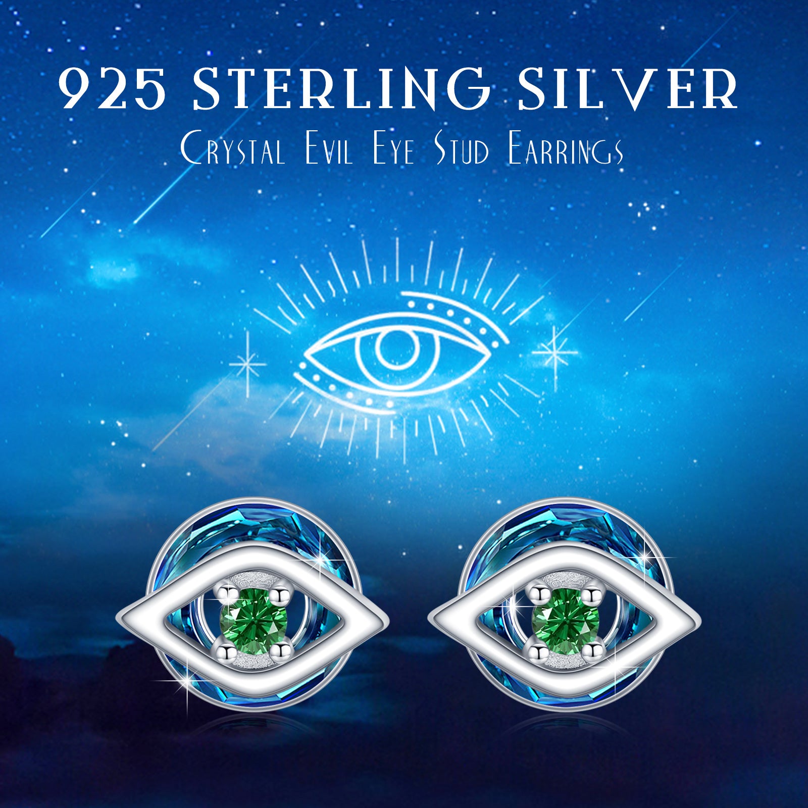Sterling Silver Circular Crystal & Green Cubic Zirconia Evil Eye Stud Earrings for Women