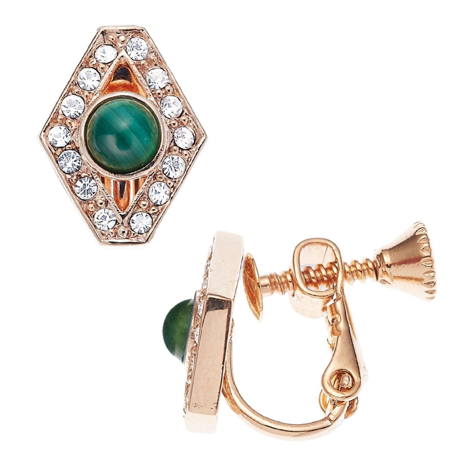 Crystal & Malachite Gold Clip On Earrings, Series Gem Flakes