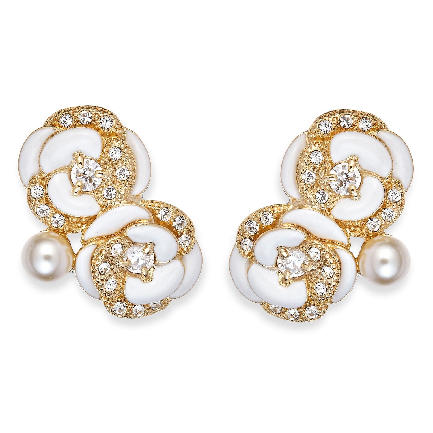 Crystal & Pearl Gold Flower Clip On Earrings, Series Blanc Camelia