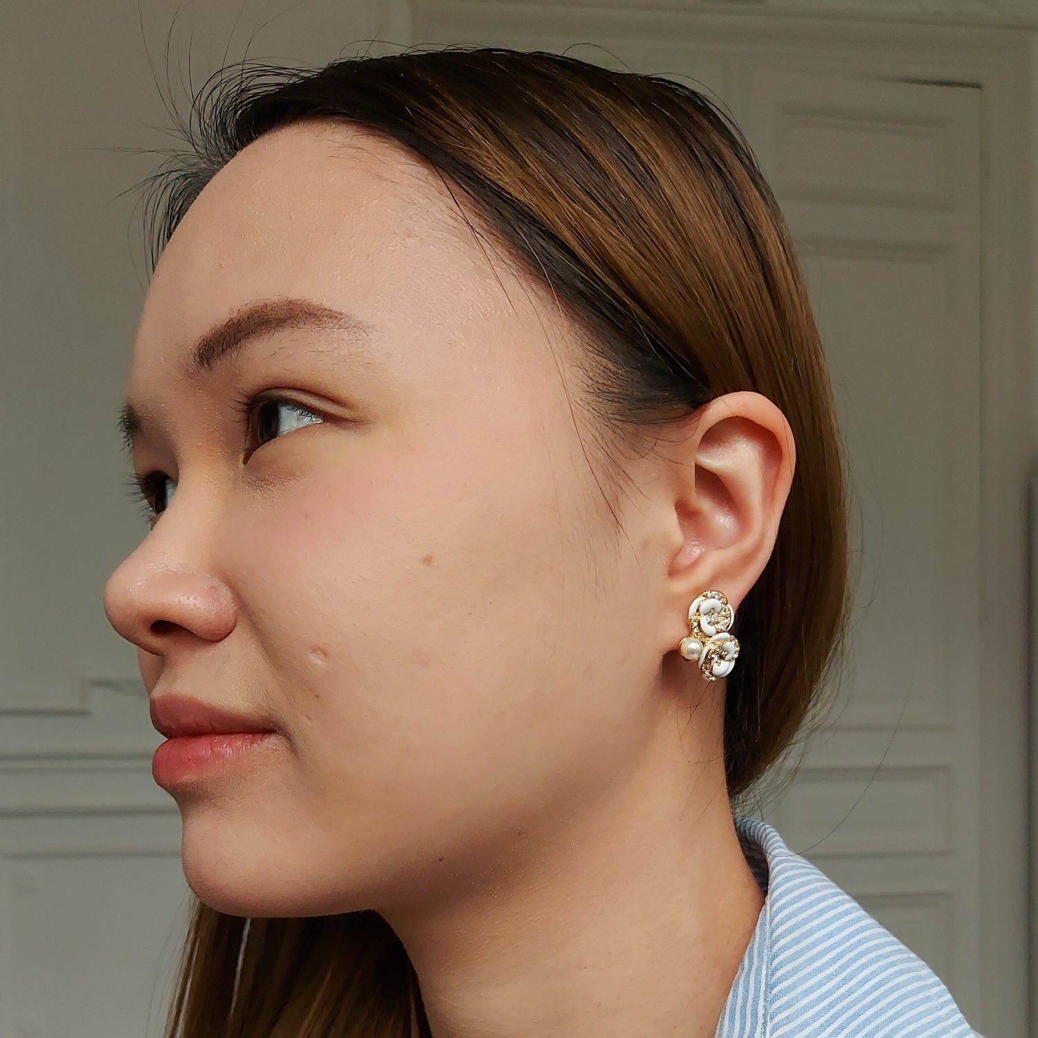 Crystal & Pearl Gold Flower Clip On Earrings, Series Blanc Camelia