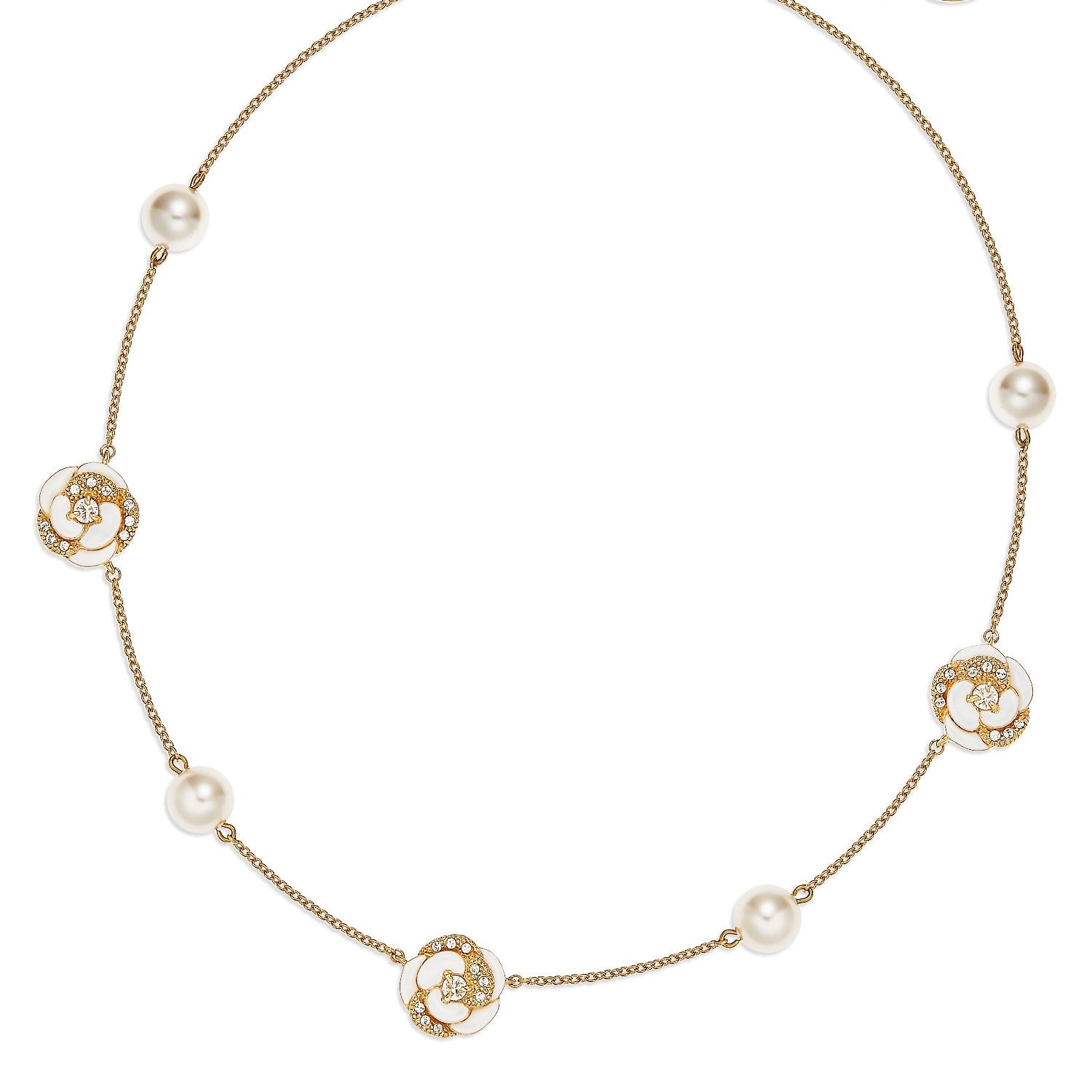 Crystal & Pearl Gold Necklace, Series Blanc Camelia