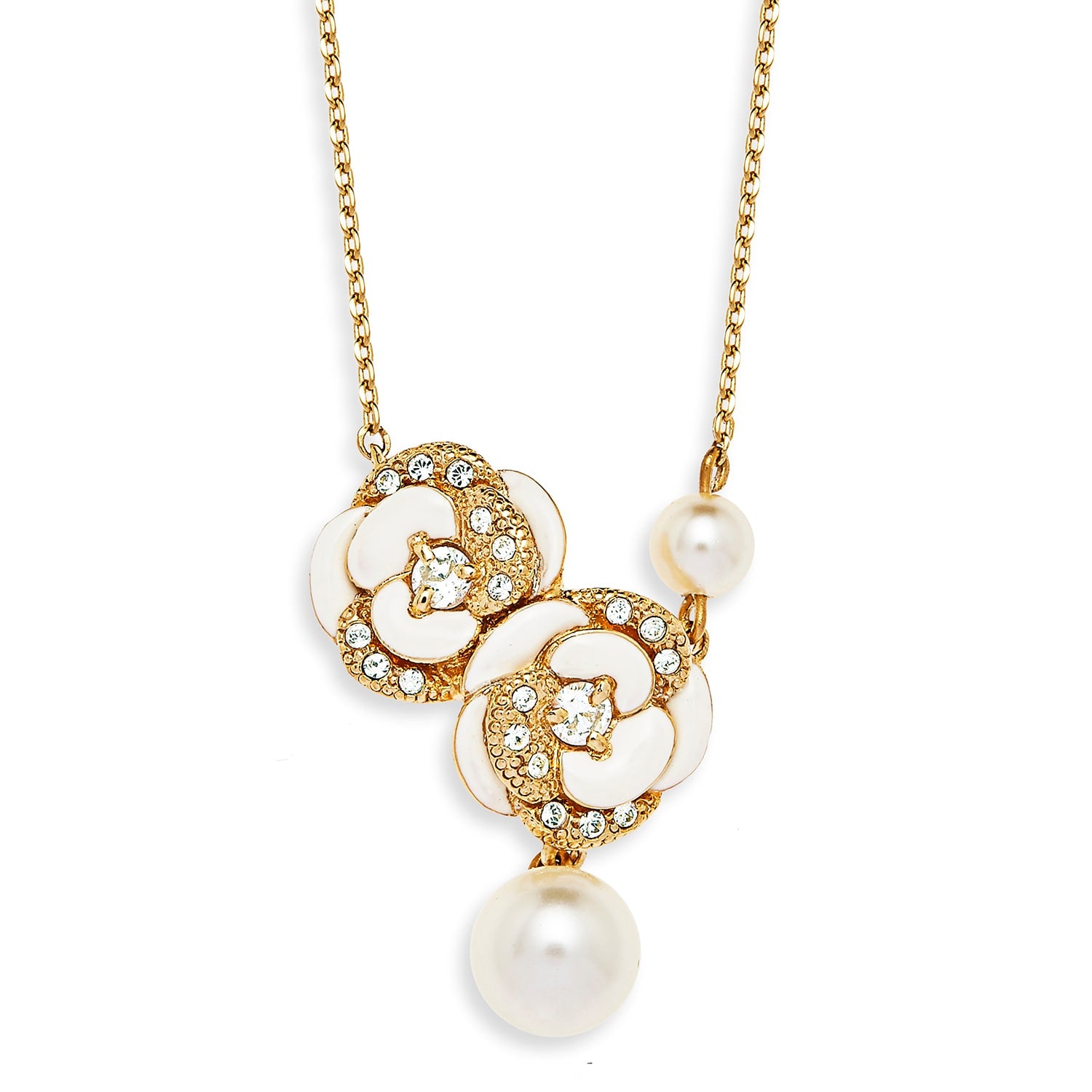 Crystal & Pearls Gold Flower Necklace, Series Blanc Camelia