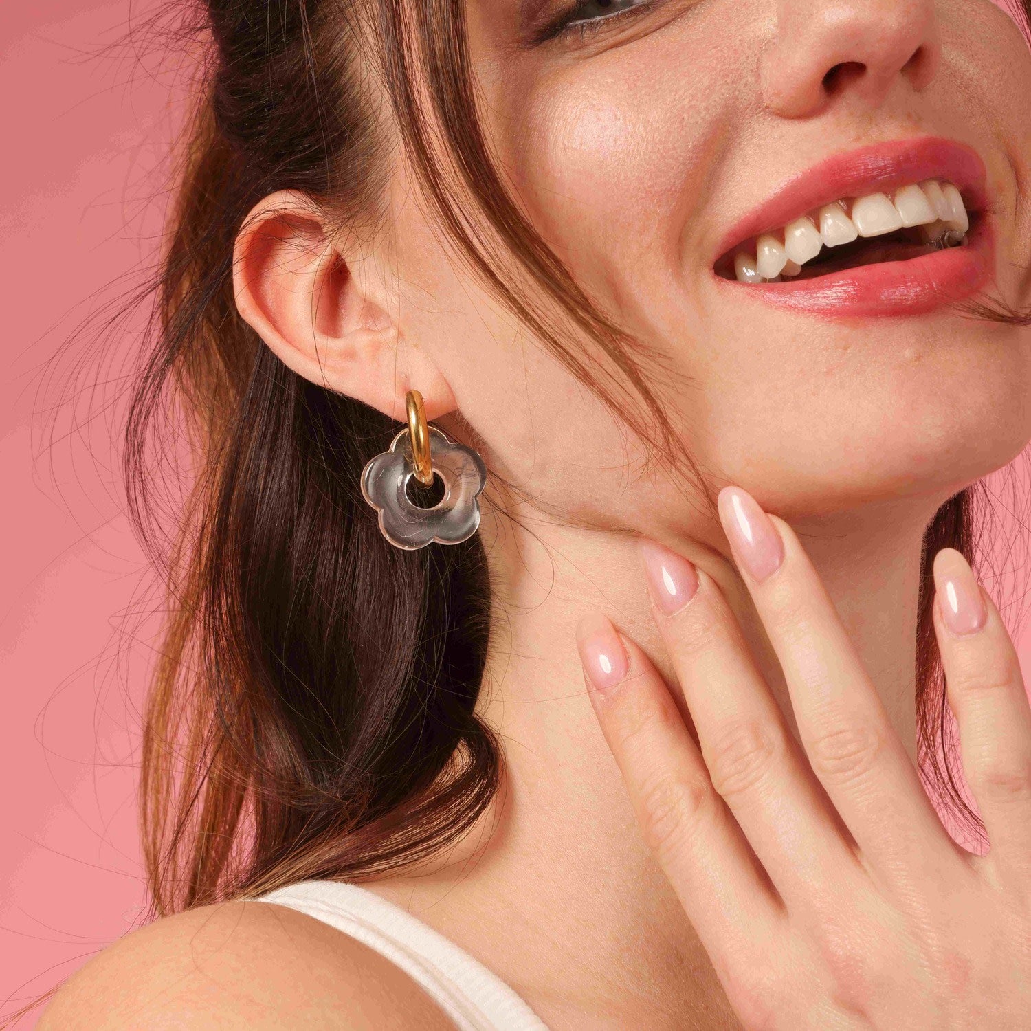 Crystal Resin Floral Drops On Gold Hoops