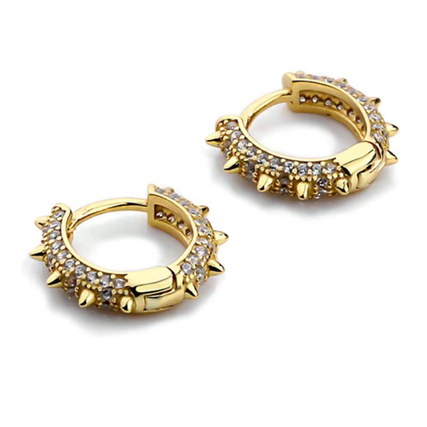 Crystal Spike Mini Huggie Hoop Earrings Yellow Gold