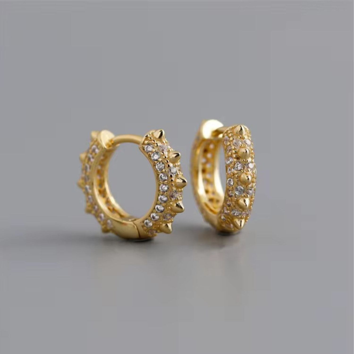 Crystal Spike Mini Huggie Hoop Earrings Yellow Gold