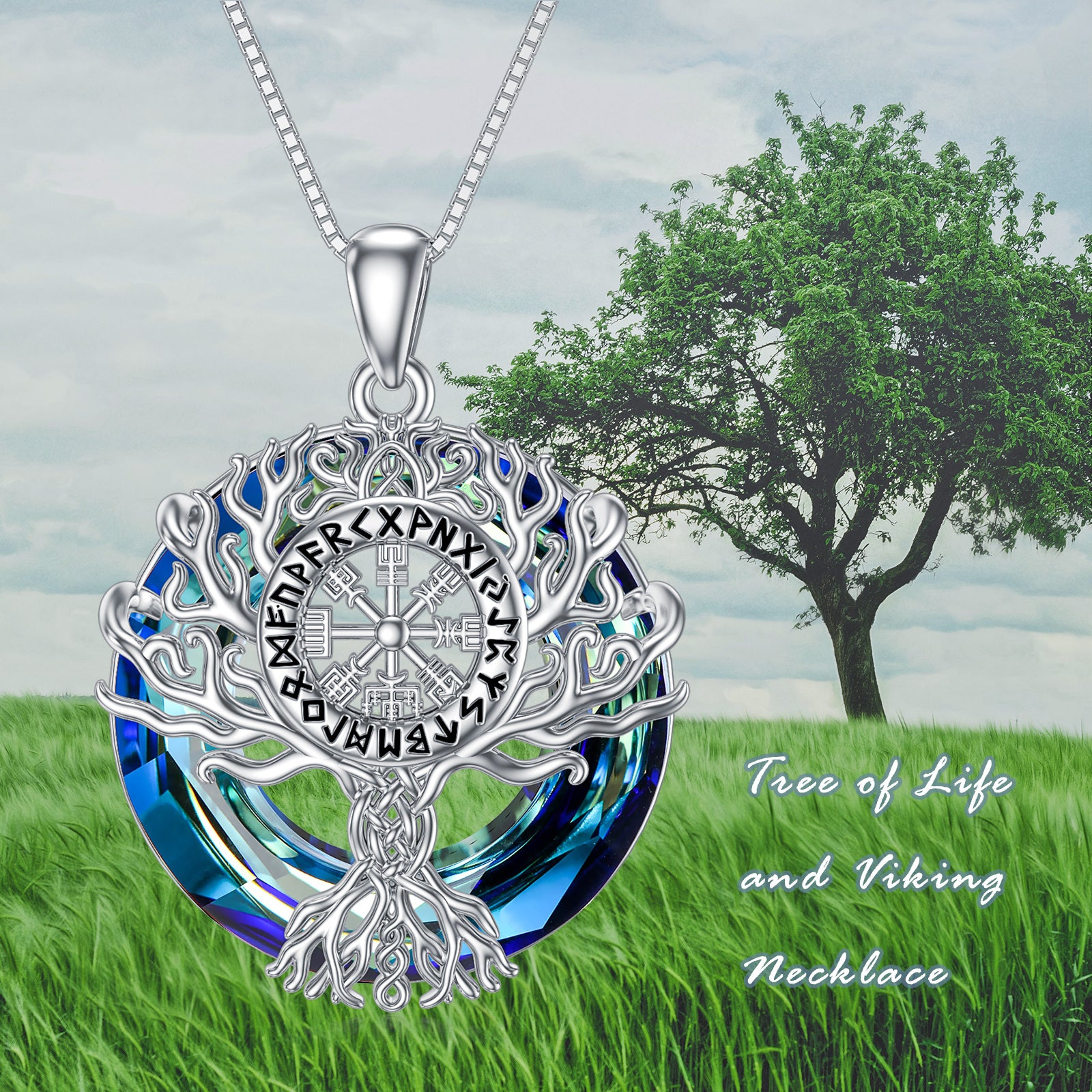 Sterling Silver Tree Of Life & Viking Rune Crystal Pendant Necklace