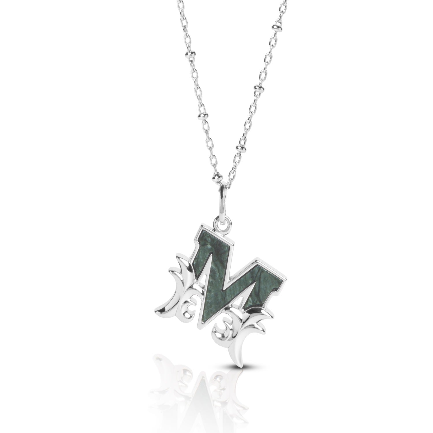 Solid Silver M Initial Necklace With Green Marble