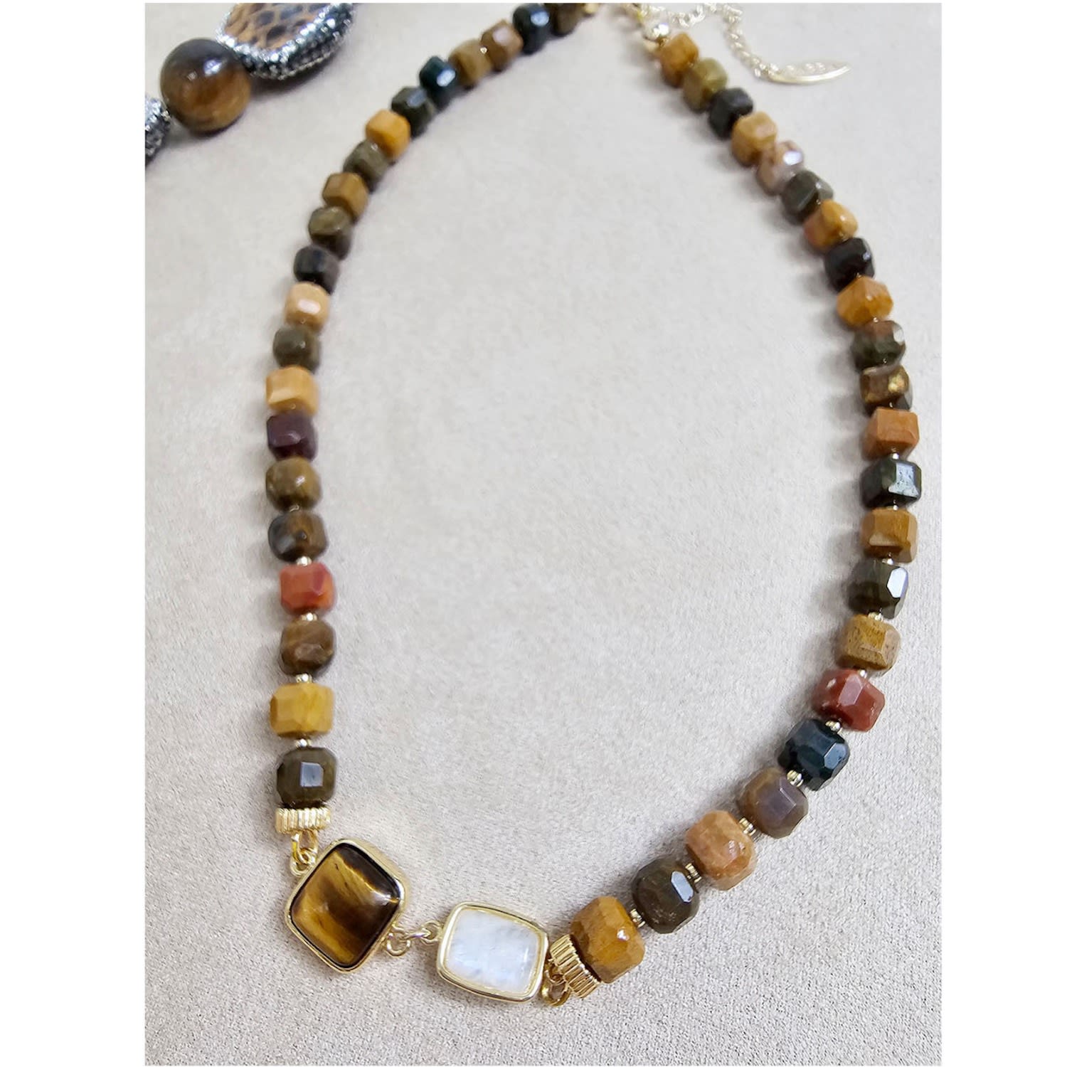 Cube Shaped Tiger Eye With Moonstone Necklace