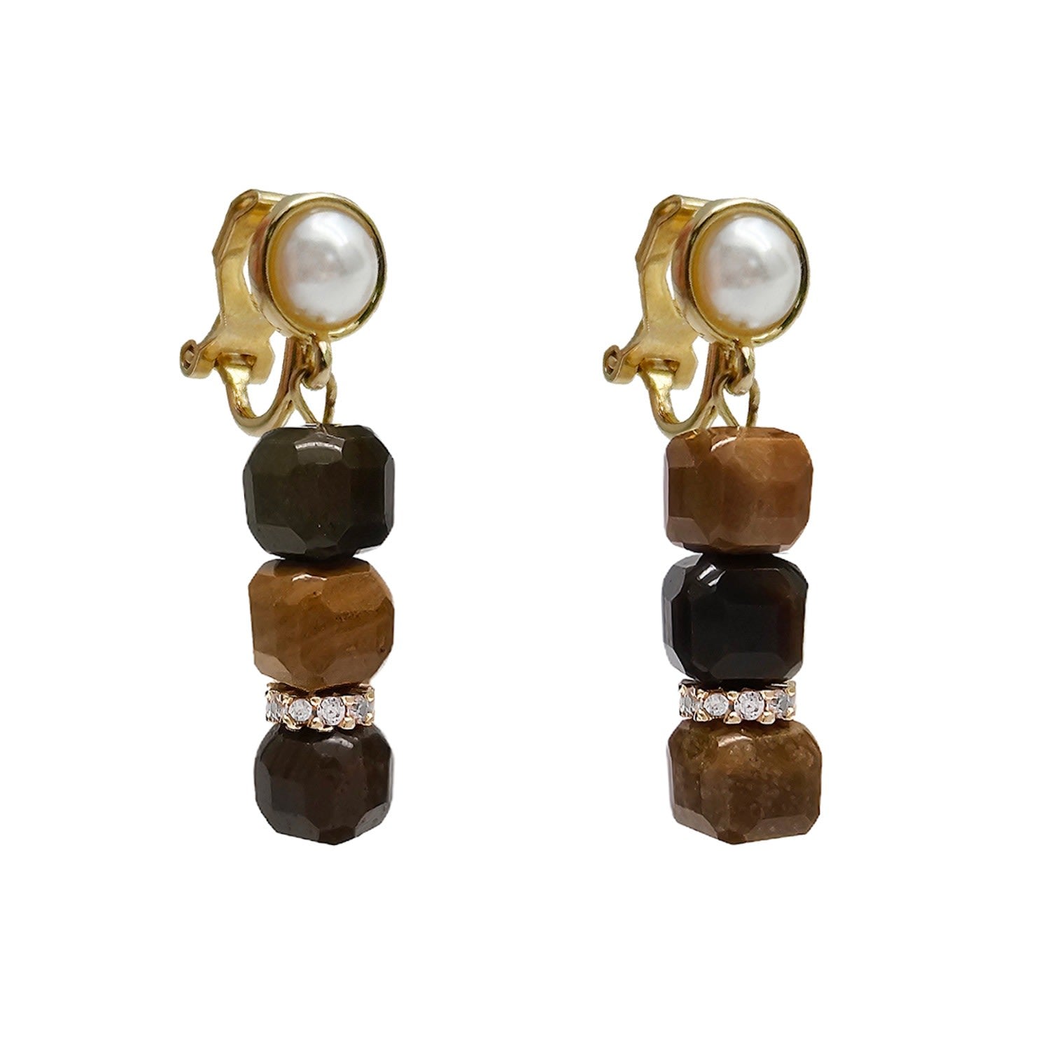 Cube Tiger Eye Clip-On Earrings