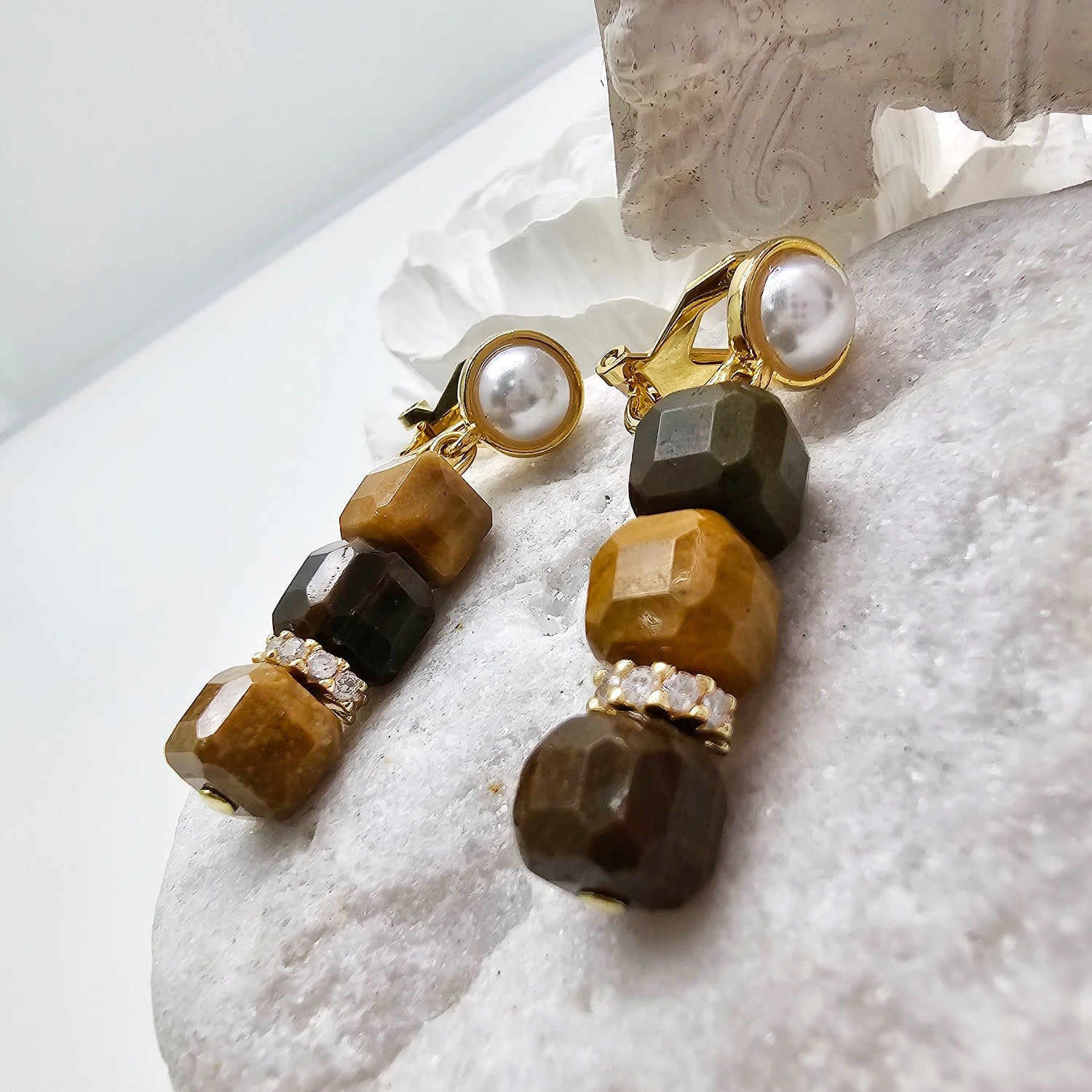 Cube Tiger Eye Clip-On Earrings