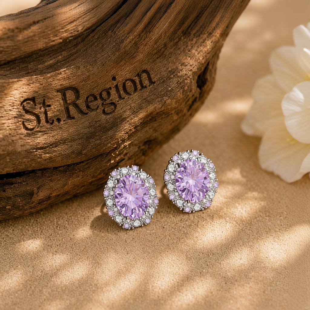 Cubic Zirconia & Purple Crystal Oval Stud Earrings