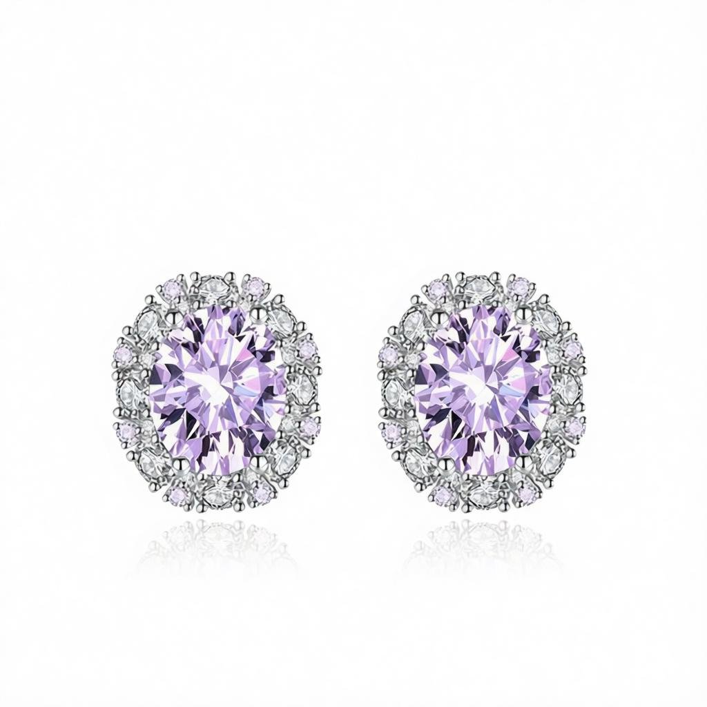 Cubic Zirconia & Purple Crystal Oval Stud Earrings