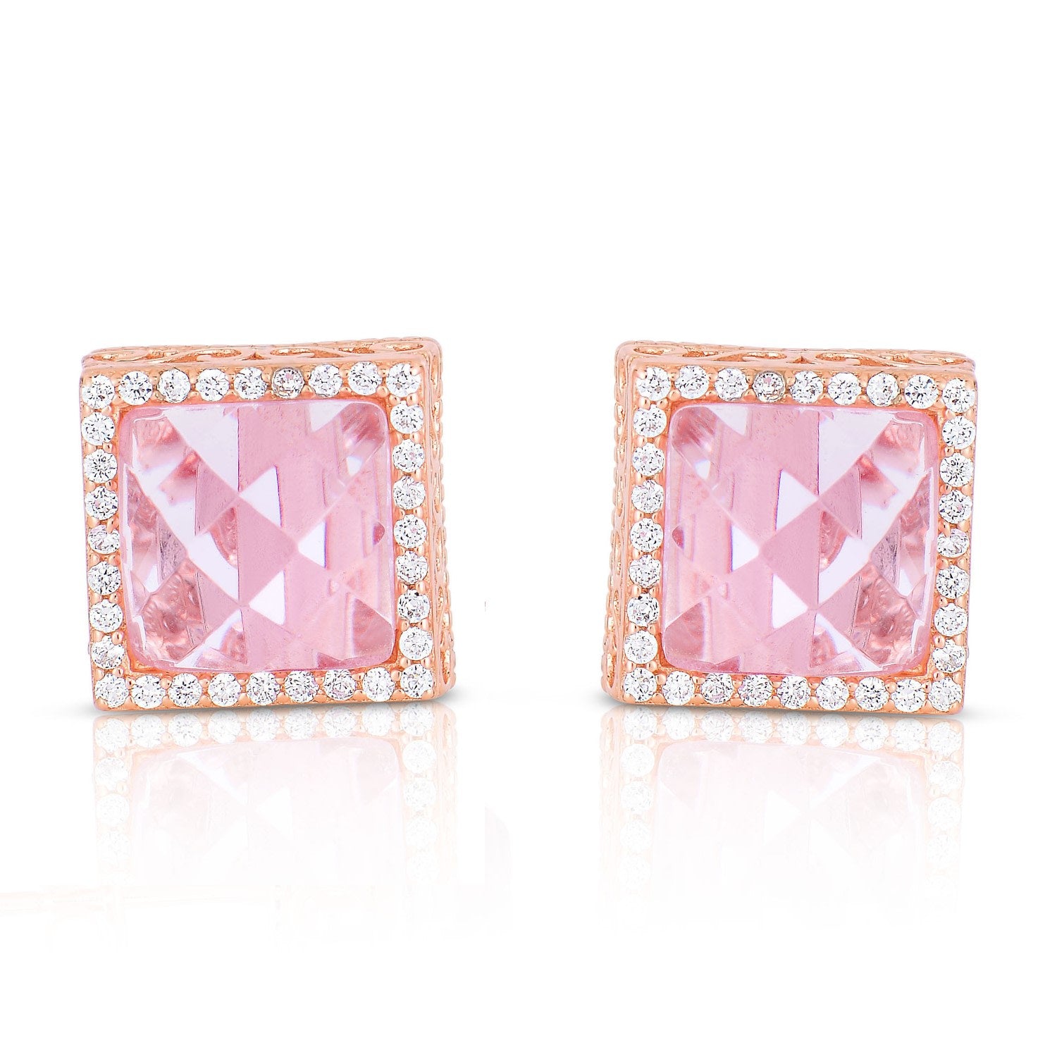 Cubic Zirconia Ss Rose Plated Pink Square Stud Earrings