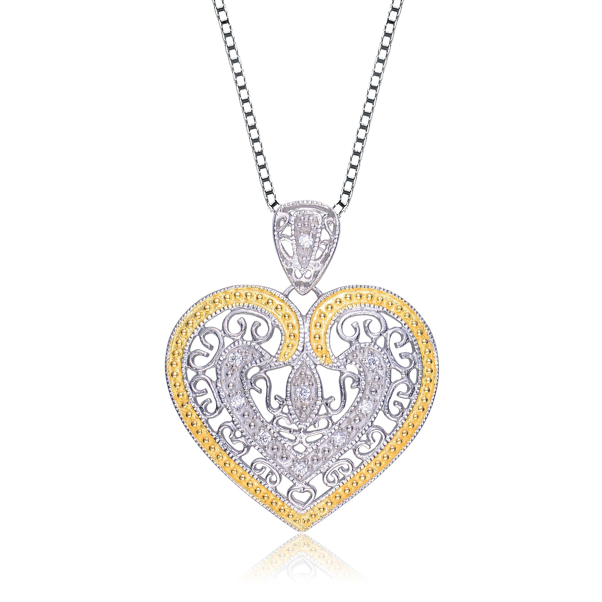 Cubic Zirconia Sterling Silver Rhodium Plated Gold Outlined Antique Lace Heart Shape Drop Pendant