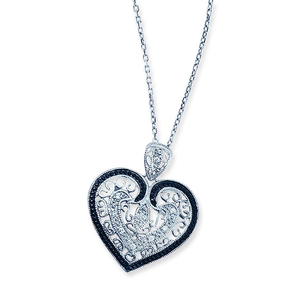 Cubic Zirconia Sterling Silver Rhodium Plated Gold Outlined Antique Lace Heart Shape Drop Pendant