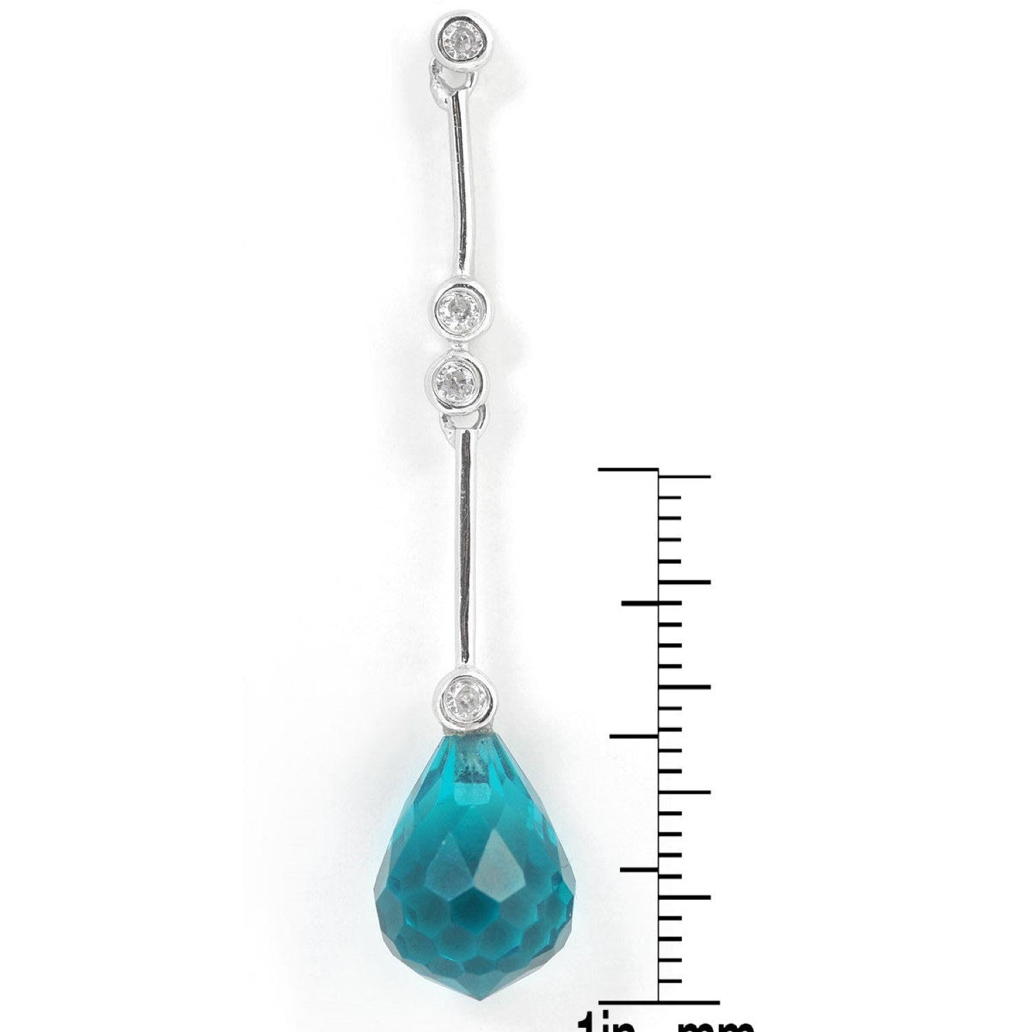 Sterling Silver White Gold Plated With Blue Topaz Cubic Zirconia & Pear Shape Long Drop Earrings