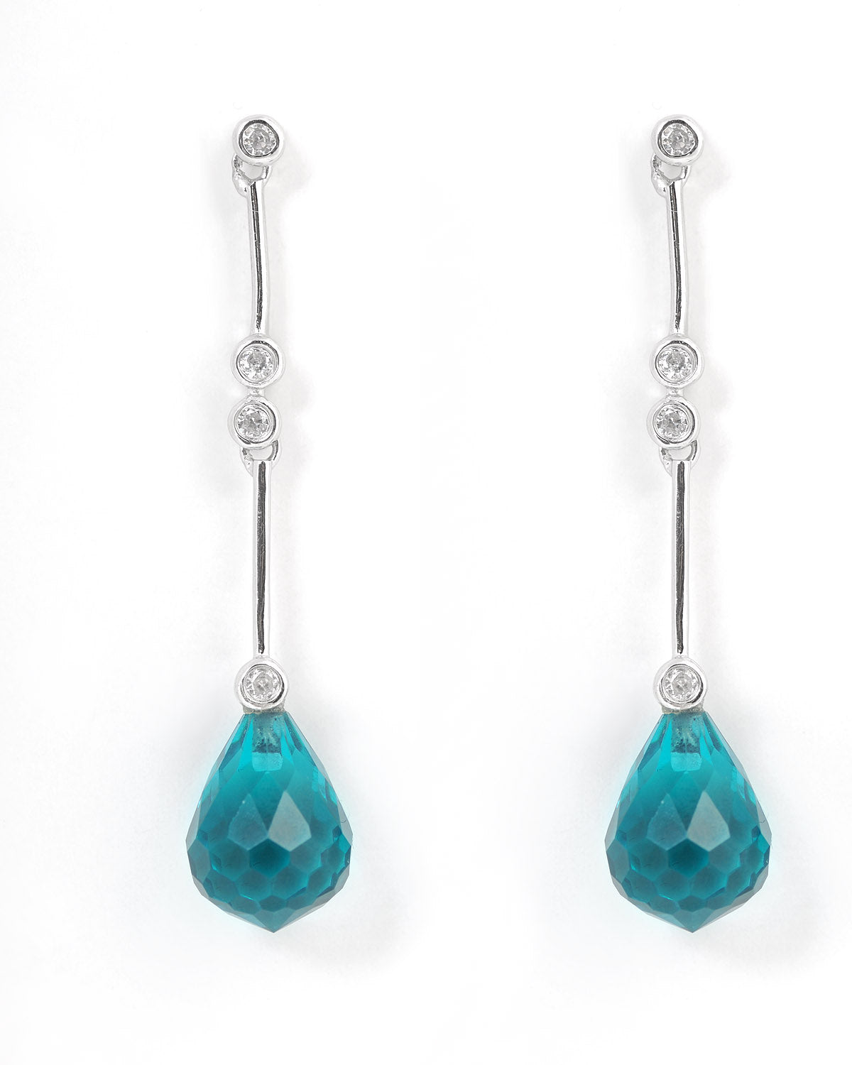 Sterling Silver White Gold Plated With Blue Topaz Cubic Zirconia & Pear Shape Long Drop Earrings