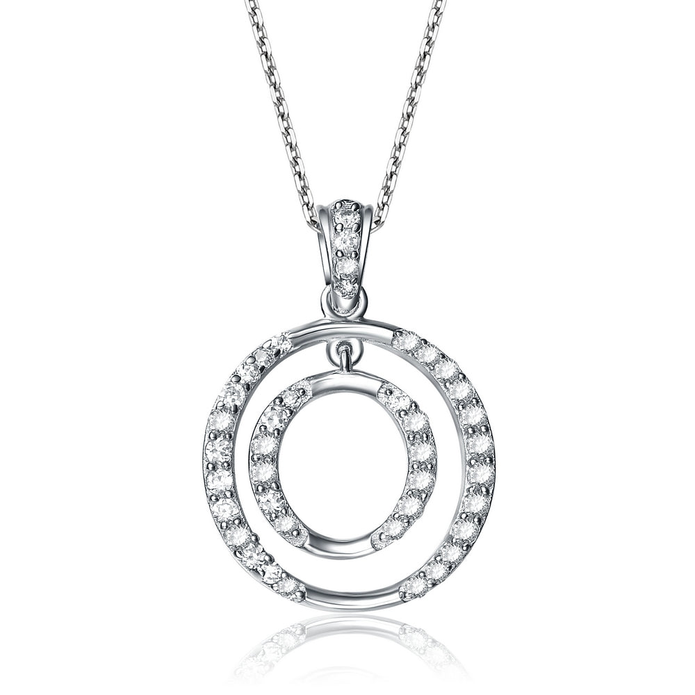 Sterling Silver White Gold Plated With Cubic Zirconia Drop Circle Pendant Necklace