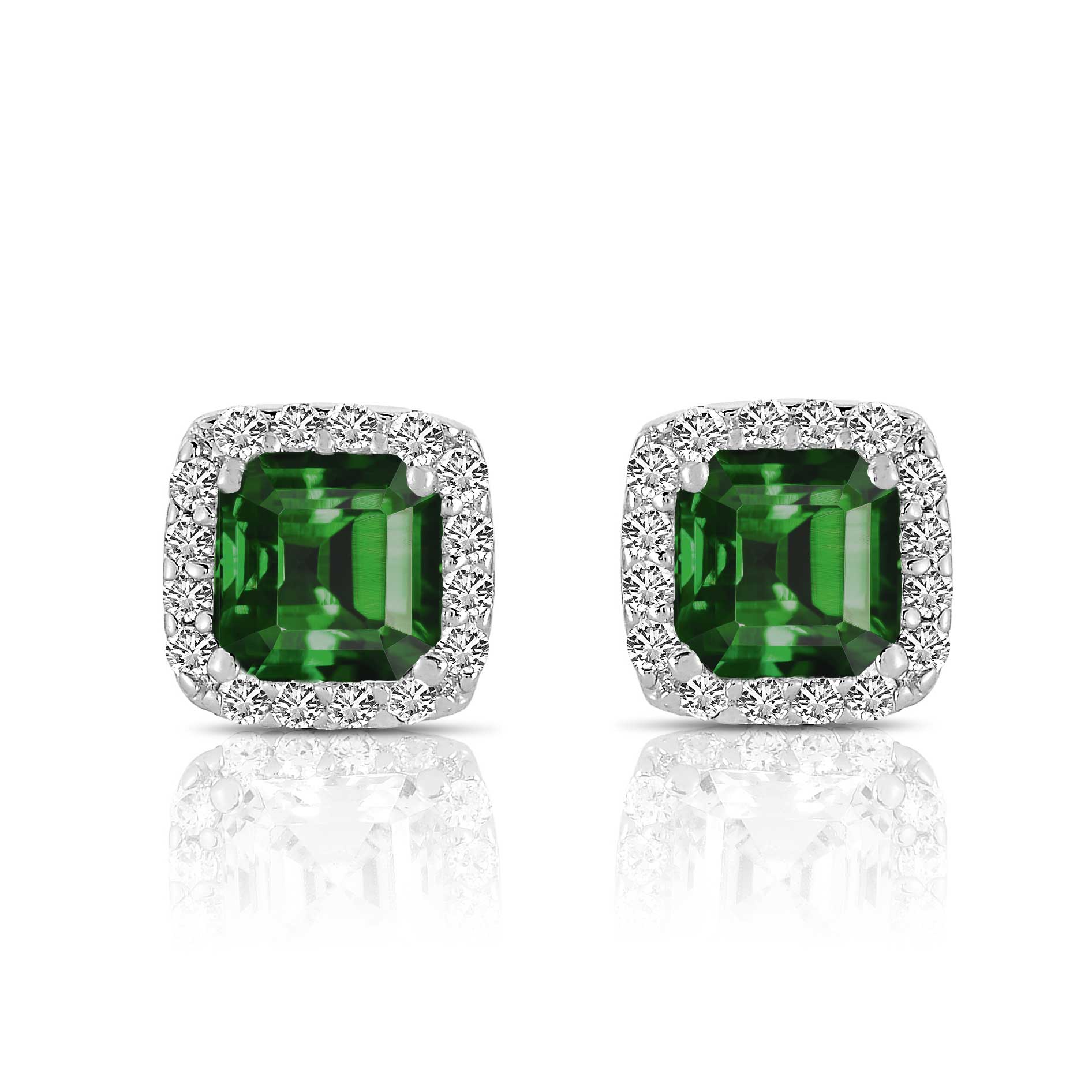 Sterling Silver Rhodium Plated Emerald Square Shape Assher Cut Cubic Zirconia Earrings