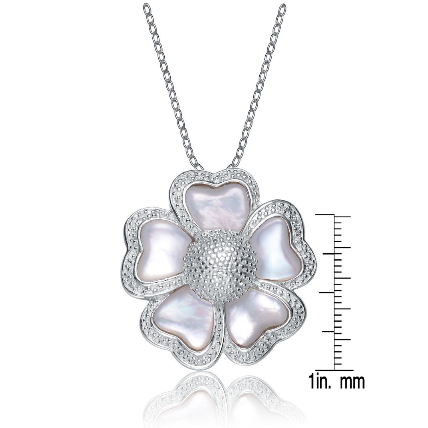 Cubic Zirconia Sterling Silver Rhodium Plated Mother Of Pearl Flower Pendant