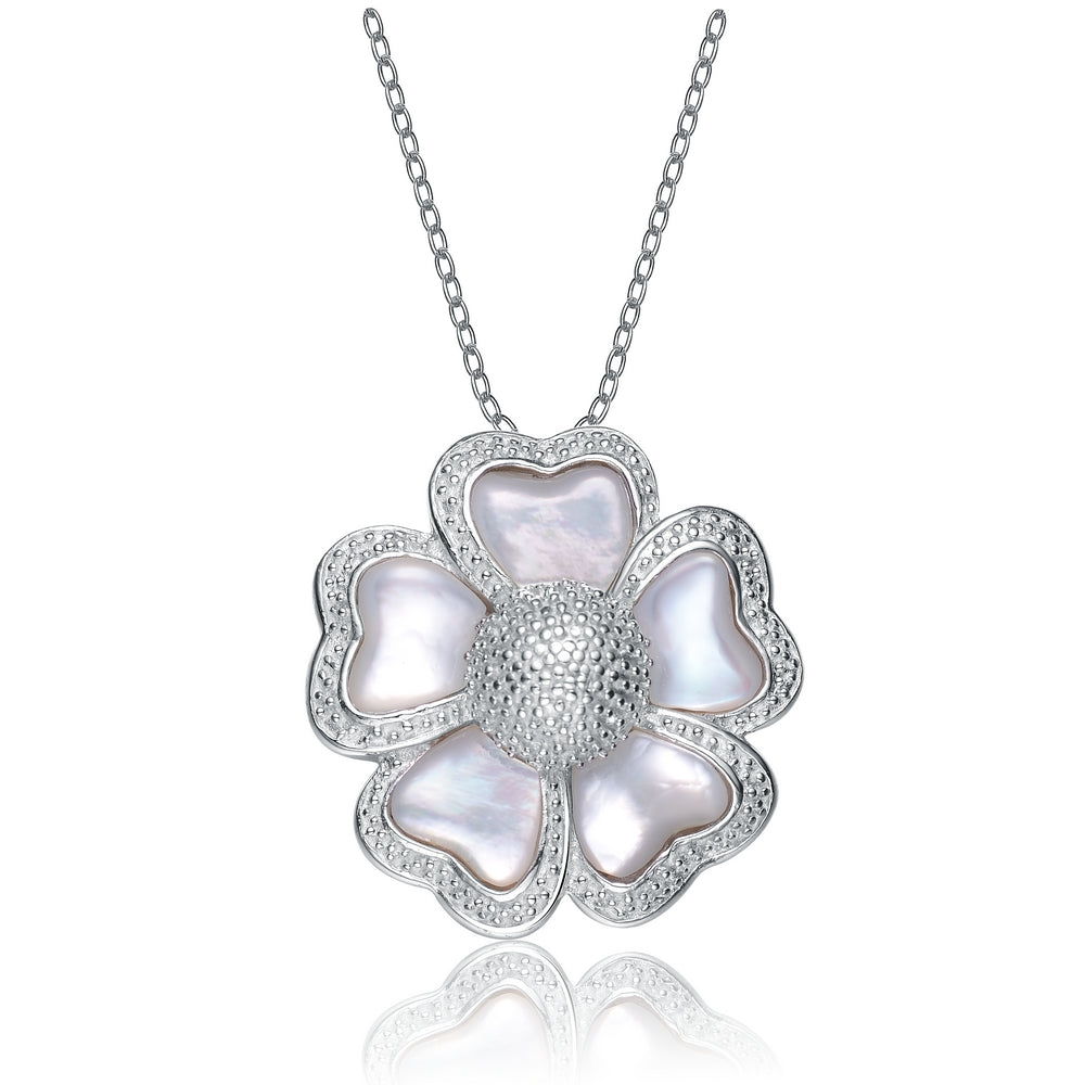 Cubic Zirconia Sterling Silver Rhodium Plated Mother Of Pearl Flower Pendant