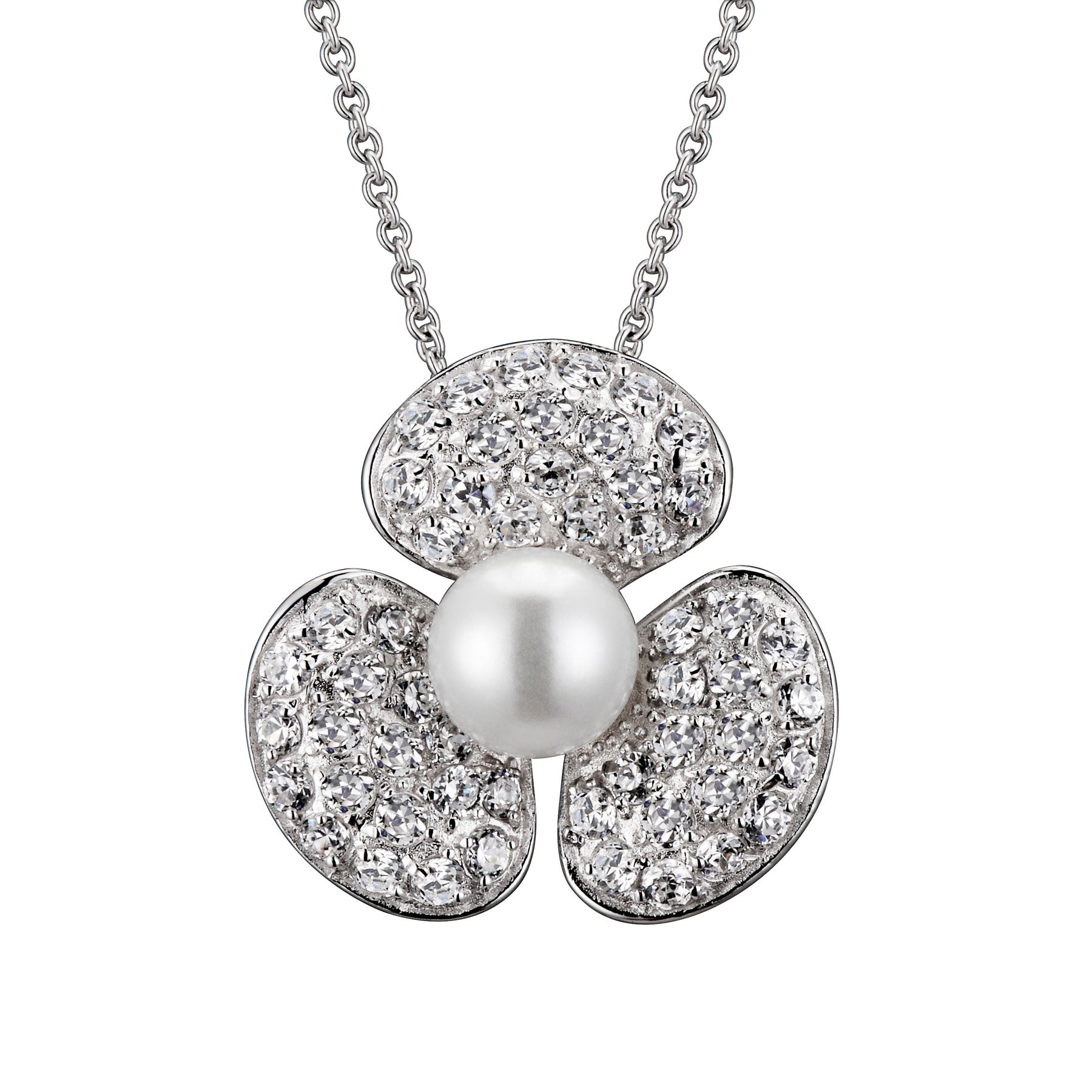 Sterling Silver White Gold Plated With Cubic Zirconia & Mother Of Pearl Round Flower Pendant Necklace