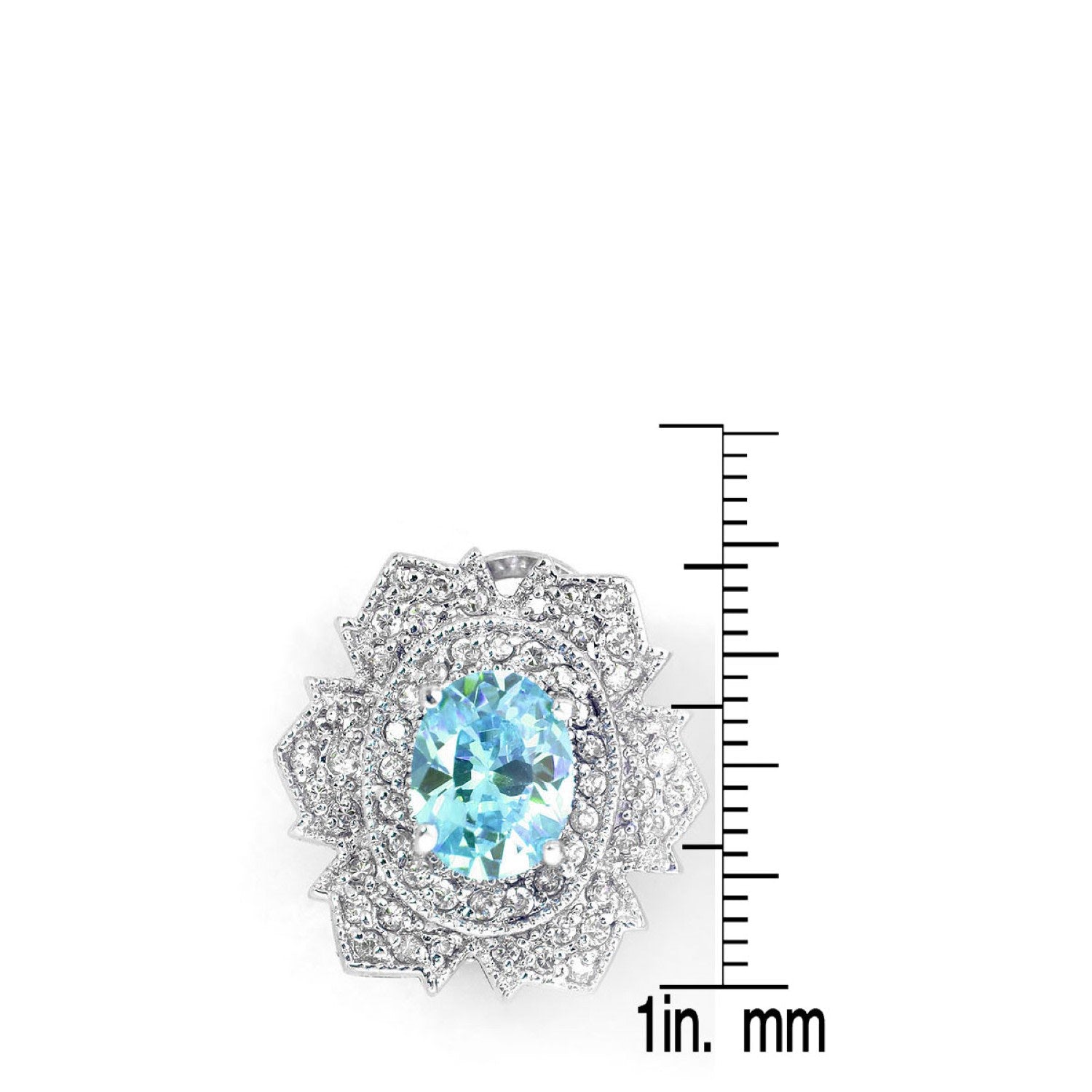 Sterling Silver White Gold Plated With Oval Blue Topaz Cubic Zirconia Flower Shape Stud Earrings