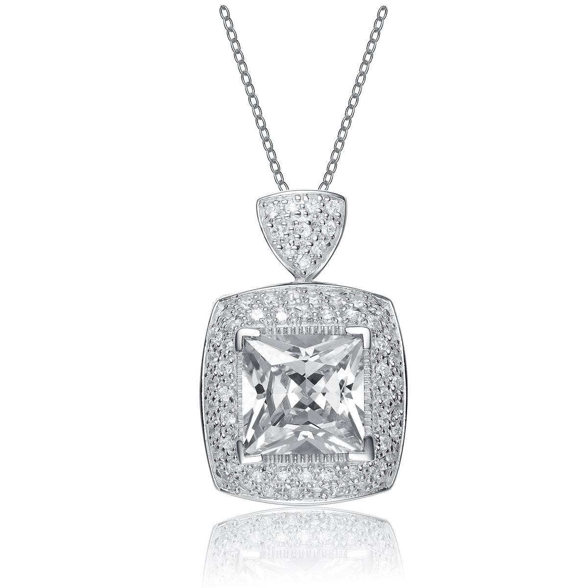 Large Cubic Zirconia Sterling Silver Rhodium Plated Square Shape Drop Pendant