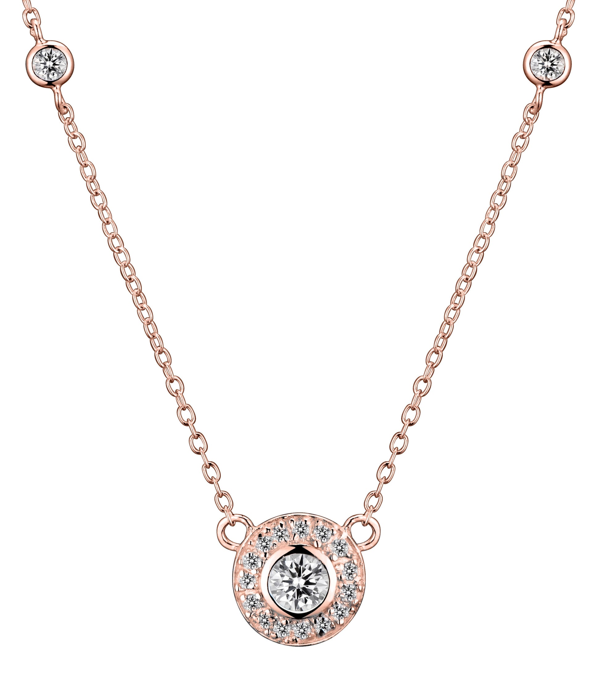 Cubic Zirconia Sterling Silver Rose Plated Round Bezel Set Necklace