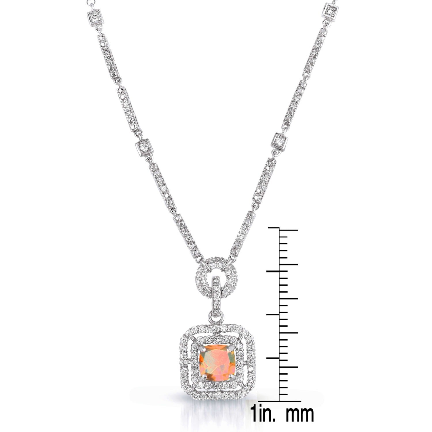 Cubic Zirconia Sterling Silver White Gold Champagne Square Shape Drop Necklace