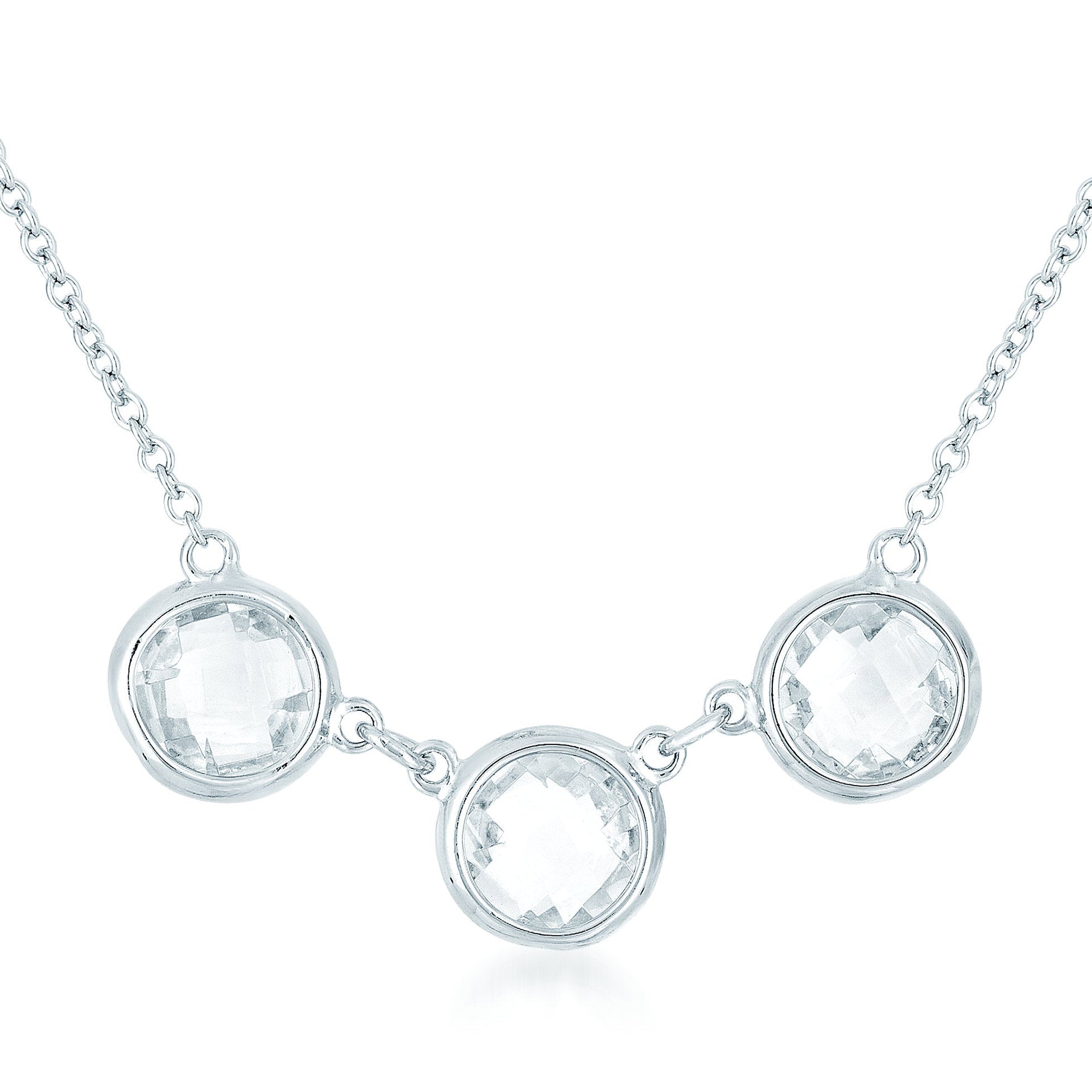 Sterling Silver White Gold Plated With Three Round Clear Cubic Zirconia Necklace