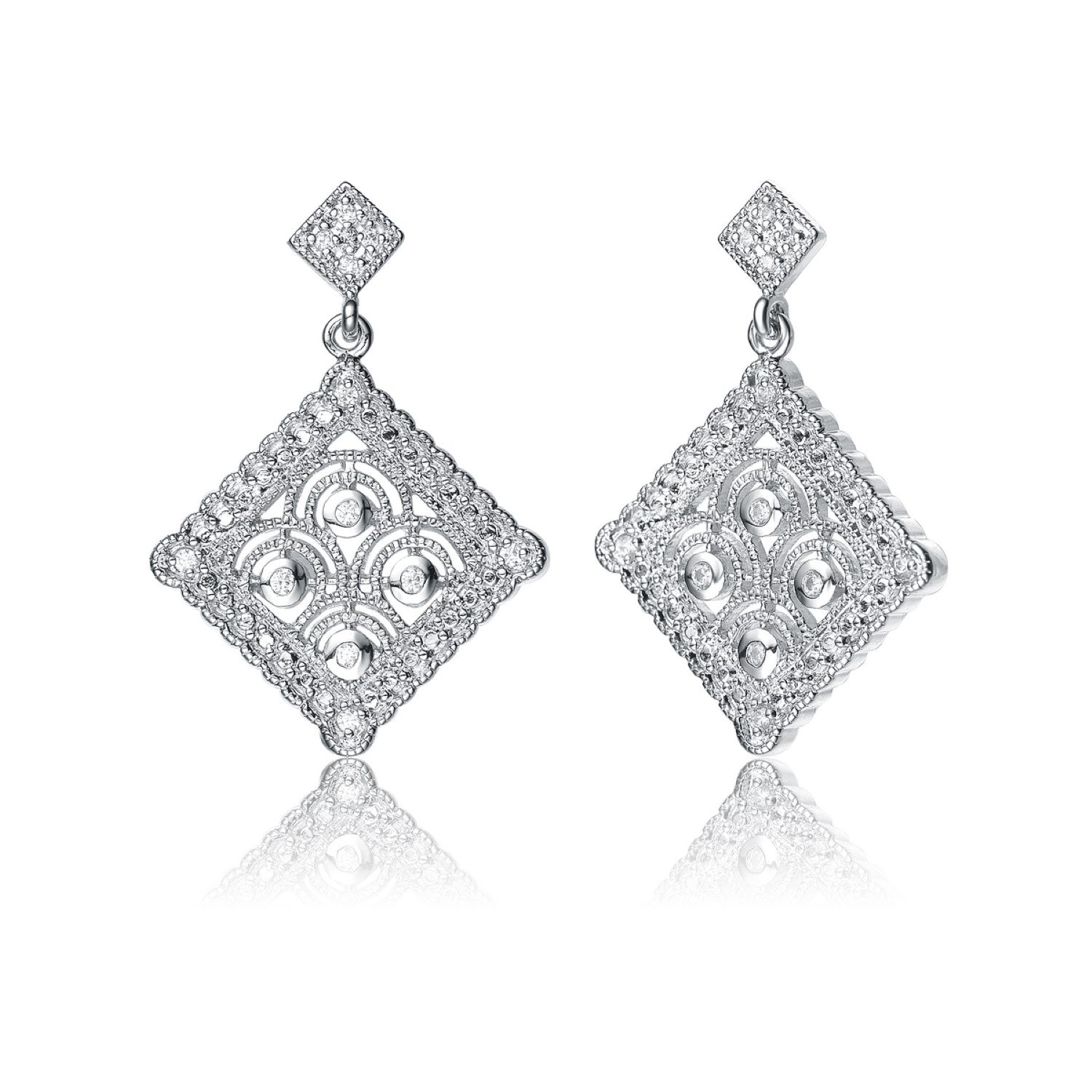 Cubic Zirconia Sterling Silver White Gold Plated Antique Shape Drop Earrings