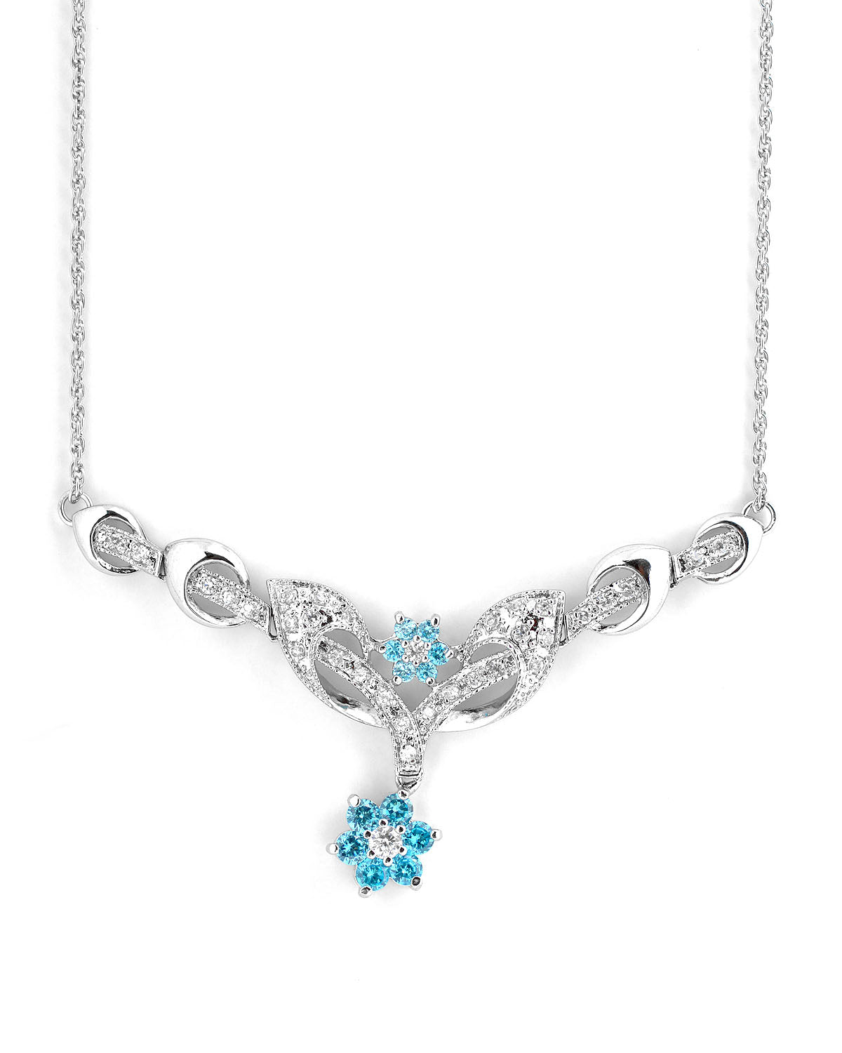 Cubic Zirconia Sterling Silver White Gold Plated Blue Topaz Flower Necklace