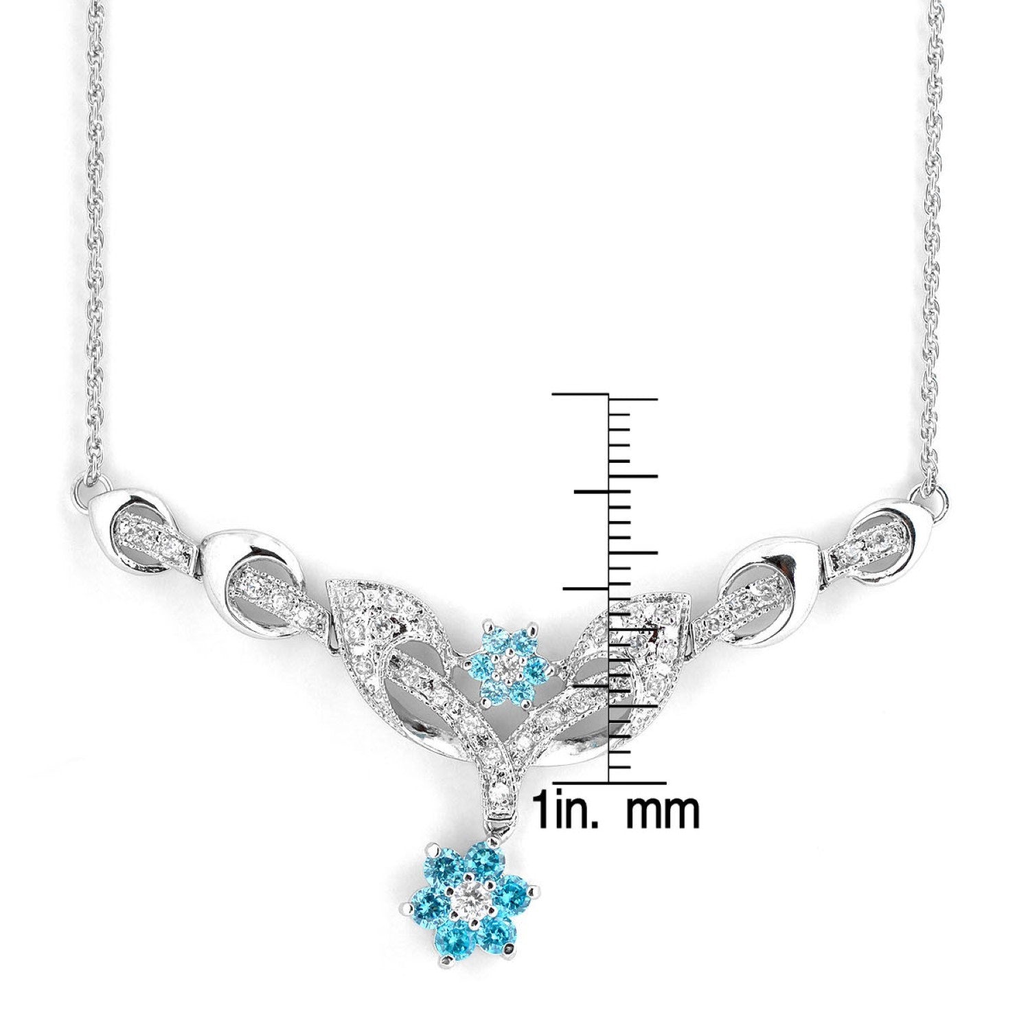 Cubic Zirconia Sterling Silver White Gold Plated Blue Topaz Flower Necklace