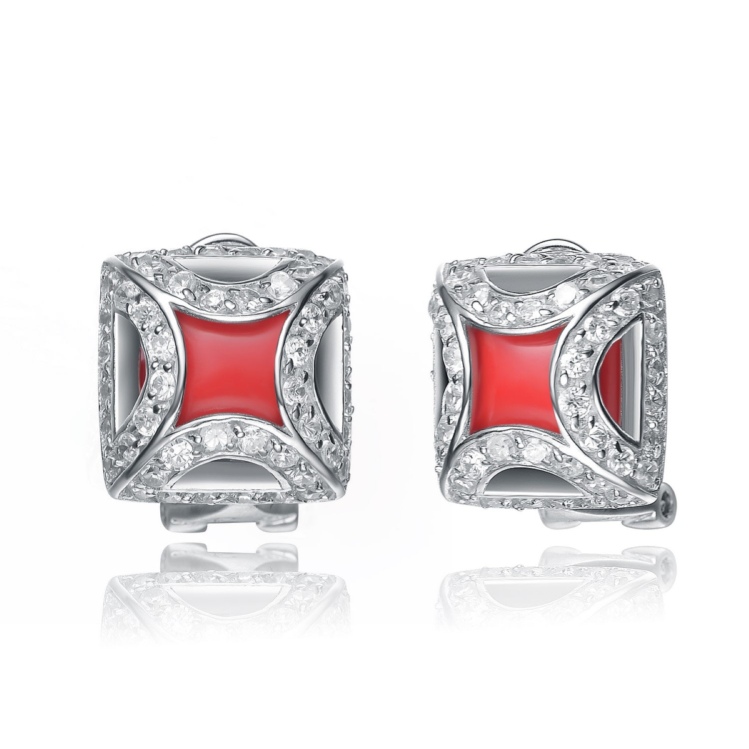 Cubic Zirconia Sterling Silver White Gold Plated Coral Square Shape Earrings