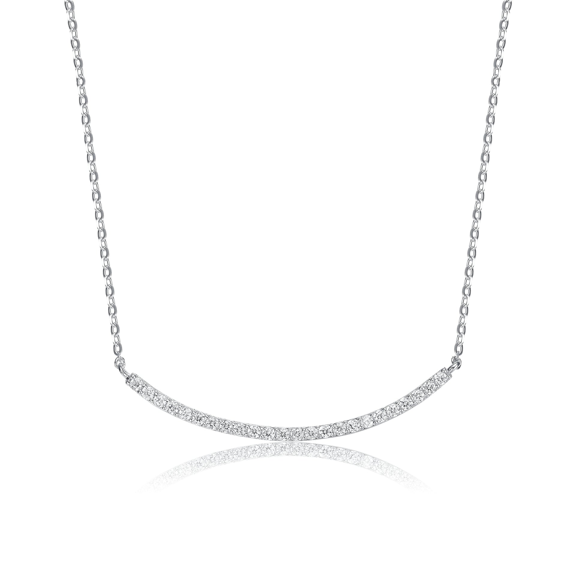 Sterling Silver White Gold Plated With Clear Cubic Zirconia Curved Bar Necklace