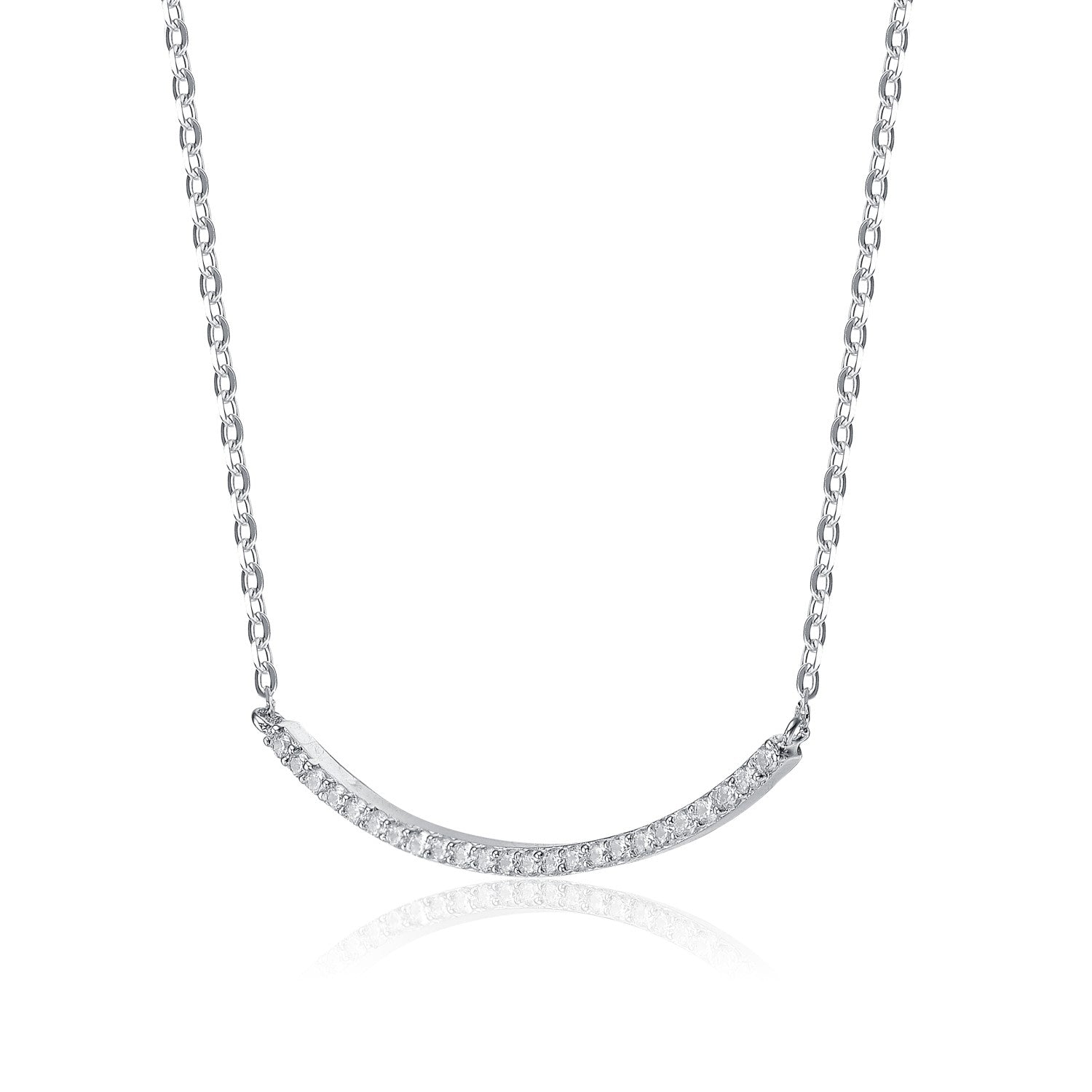 Sterling Silver White Gold Plated With Clear Cubic Zirconia Curved Bar Necklace