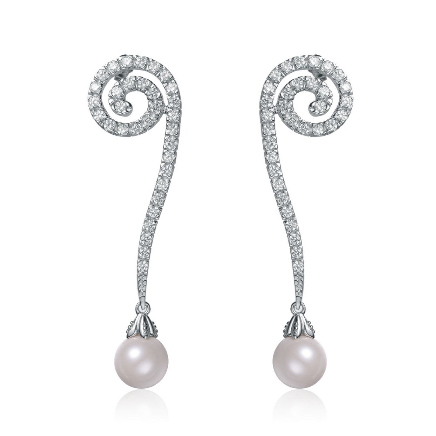 Cubic Zirconia Sterling Silver White Gold Plated Long Drop Ten Mm Pearl Earrings