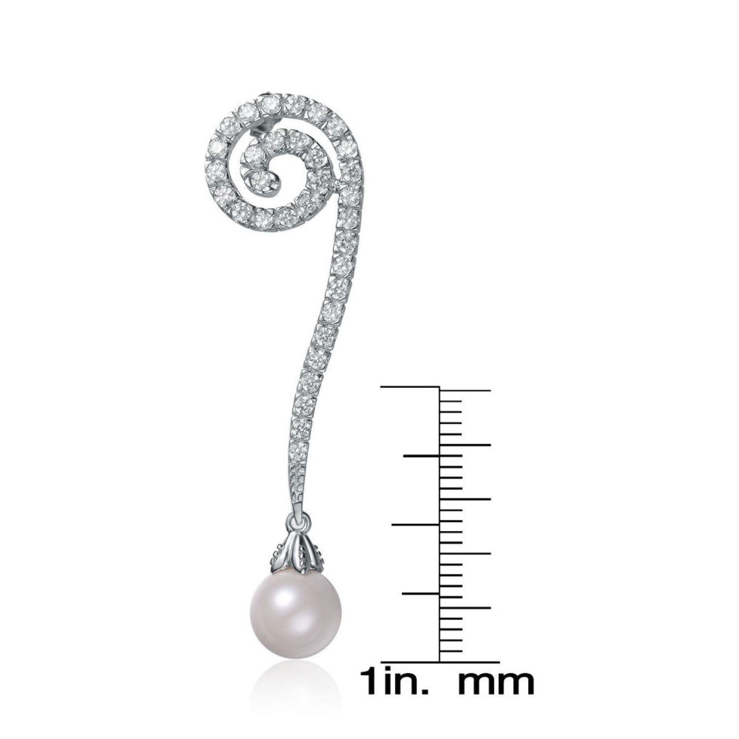 Cubic Zirconia Sterling Silver White Gold Plated Long Drop Ten Mm Pearl Earrings