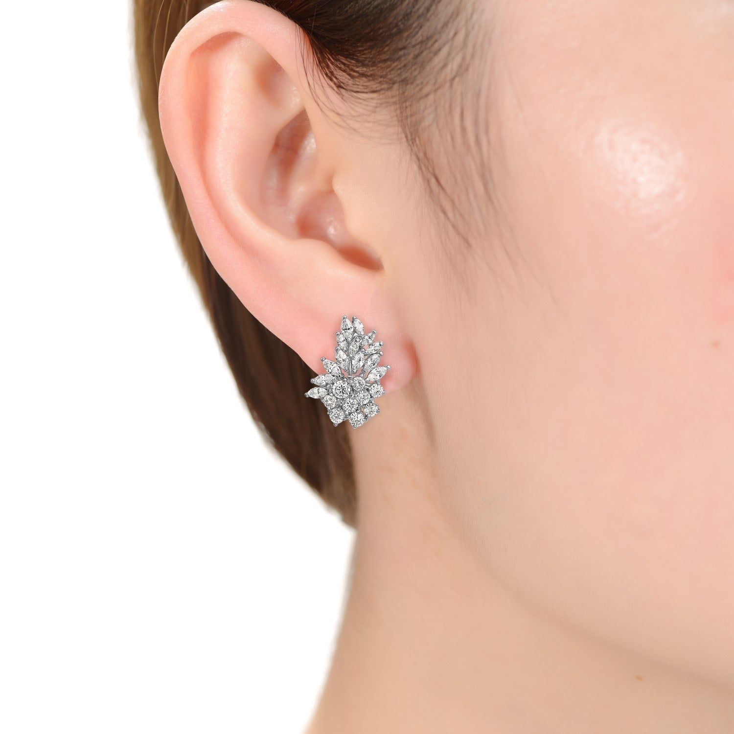 Sterling Silver White Gold Plated With Clear Cubic Zirconia Marquise Cluster Earrings