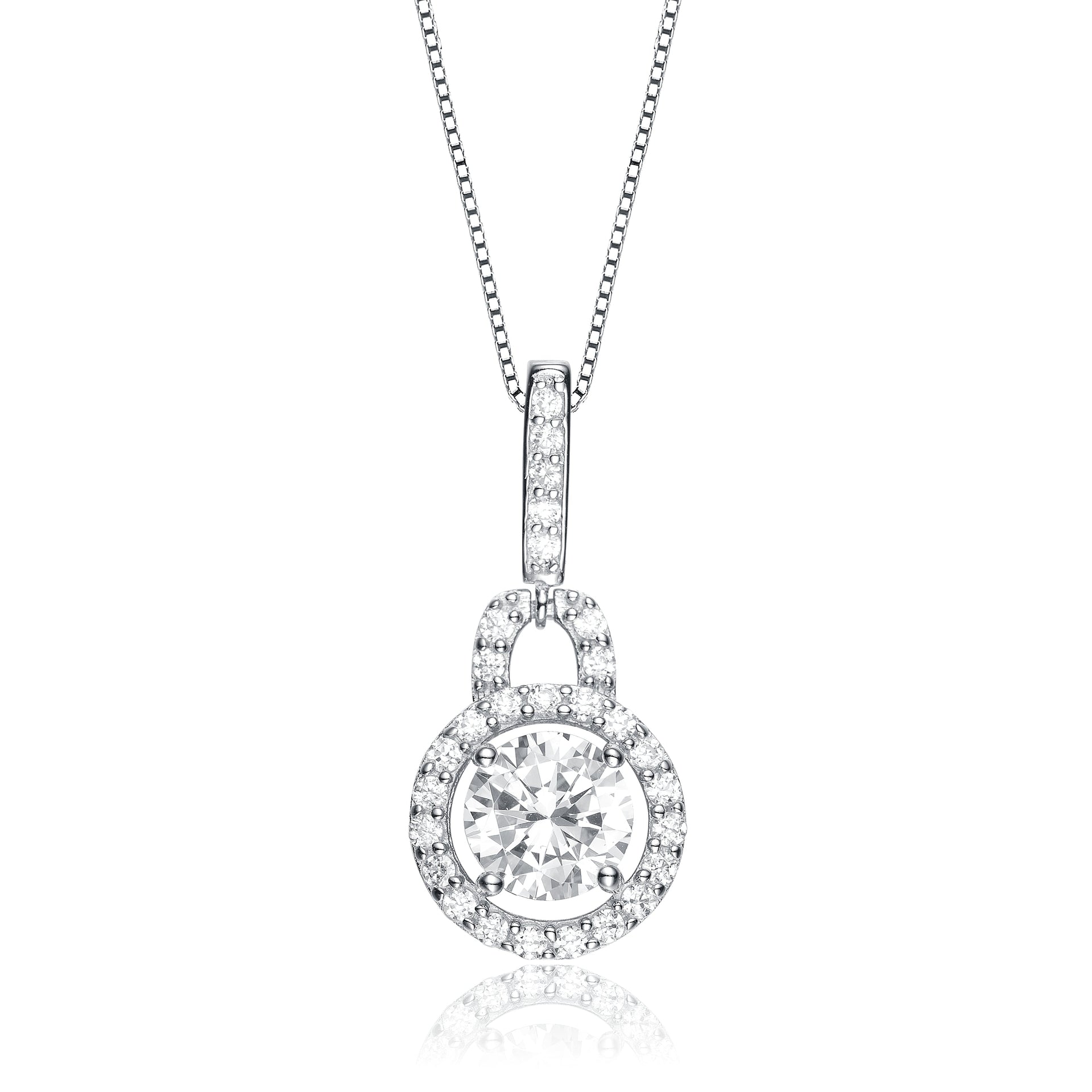 Cubic Zirconia Sterling Silver White Gold Plated Round Drop Pendant Necklace