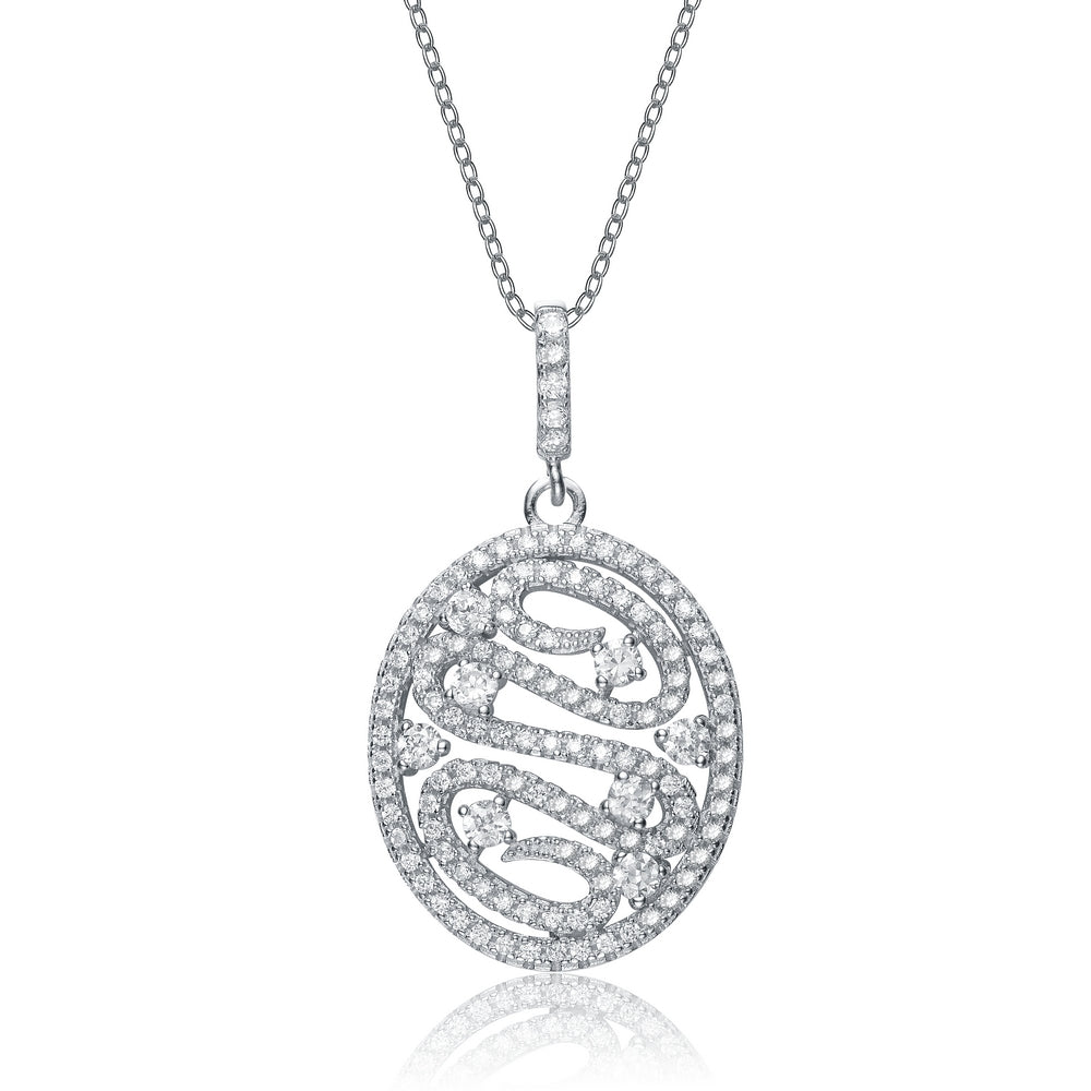 Cubic Zirconia Sterling Silver White Gold Plated Oval Drop Pendant
