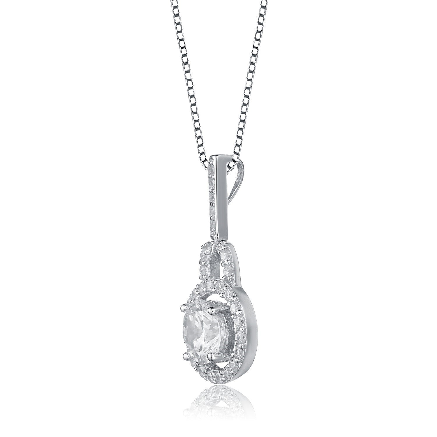 Cubic Zirconia Sterling Silver White Gold Plated Round Drop Pendant Necklace