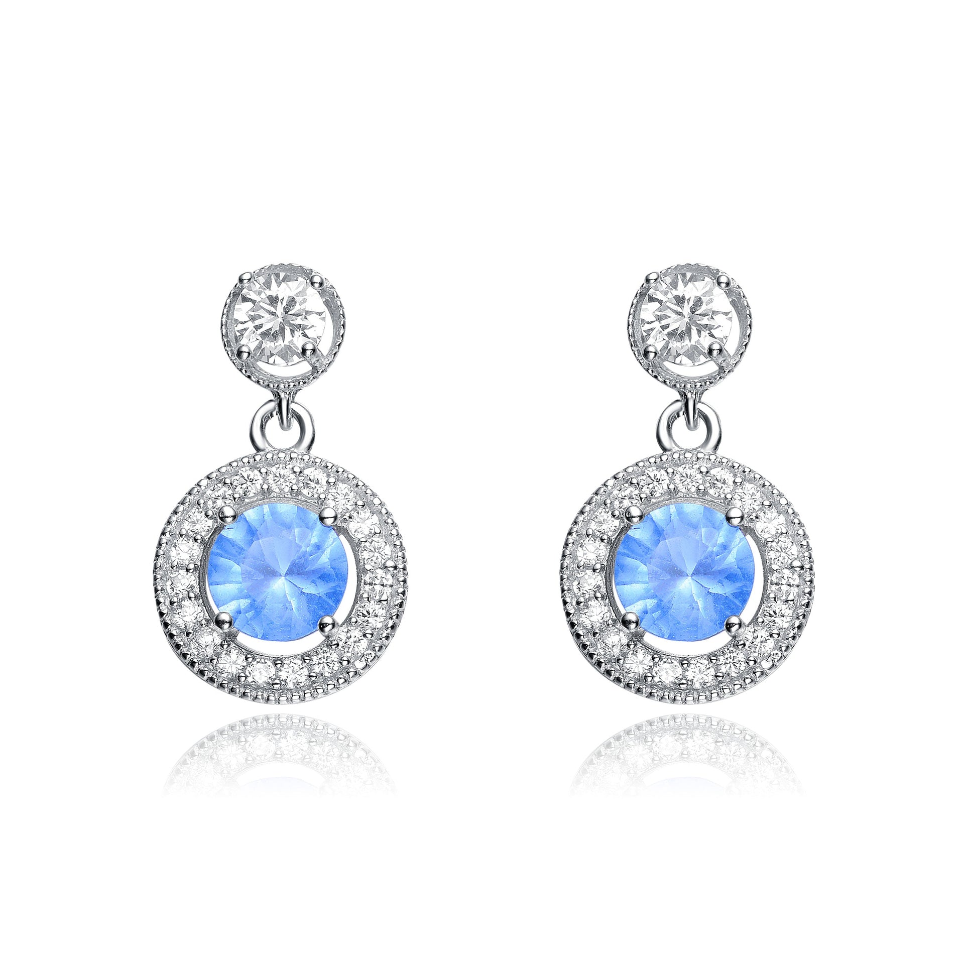 Sterling Silver White Gold Plated With Turquoise Cubic Zirconia Double Round Drop Earrings