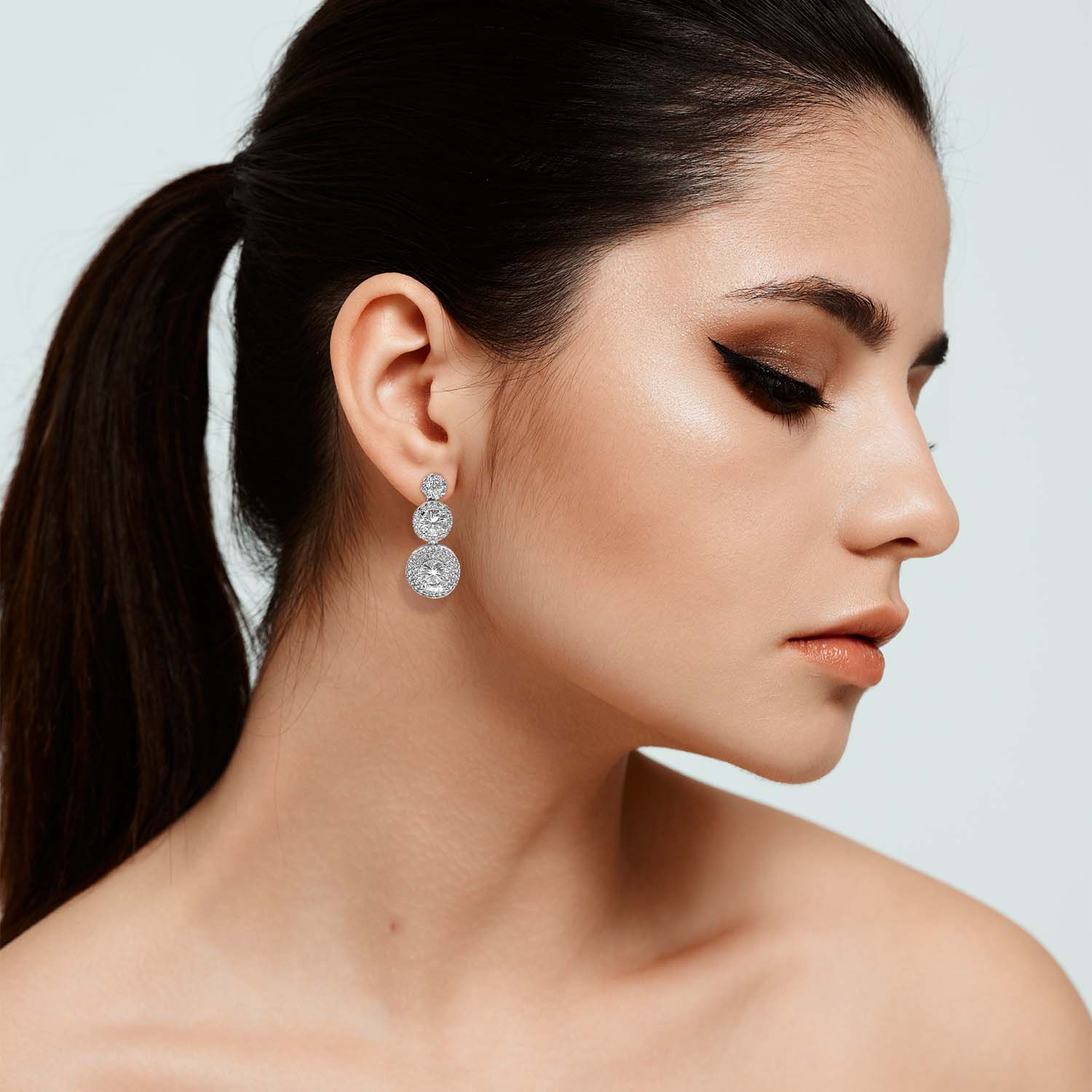 Cubic Zirconium Triple Round Clear Drop Clip On Earrings