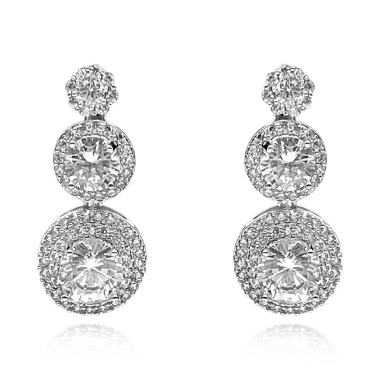 Cubic Zirconium Triple Round Clear Drop Clip On Earrings