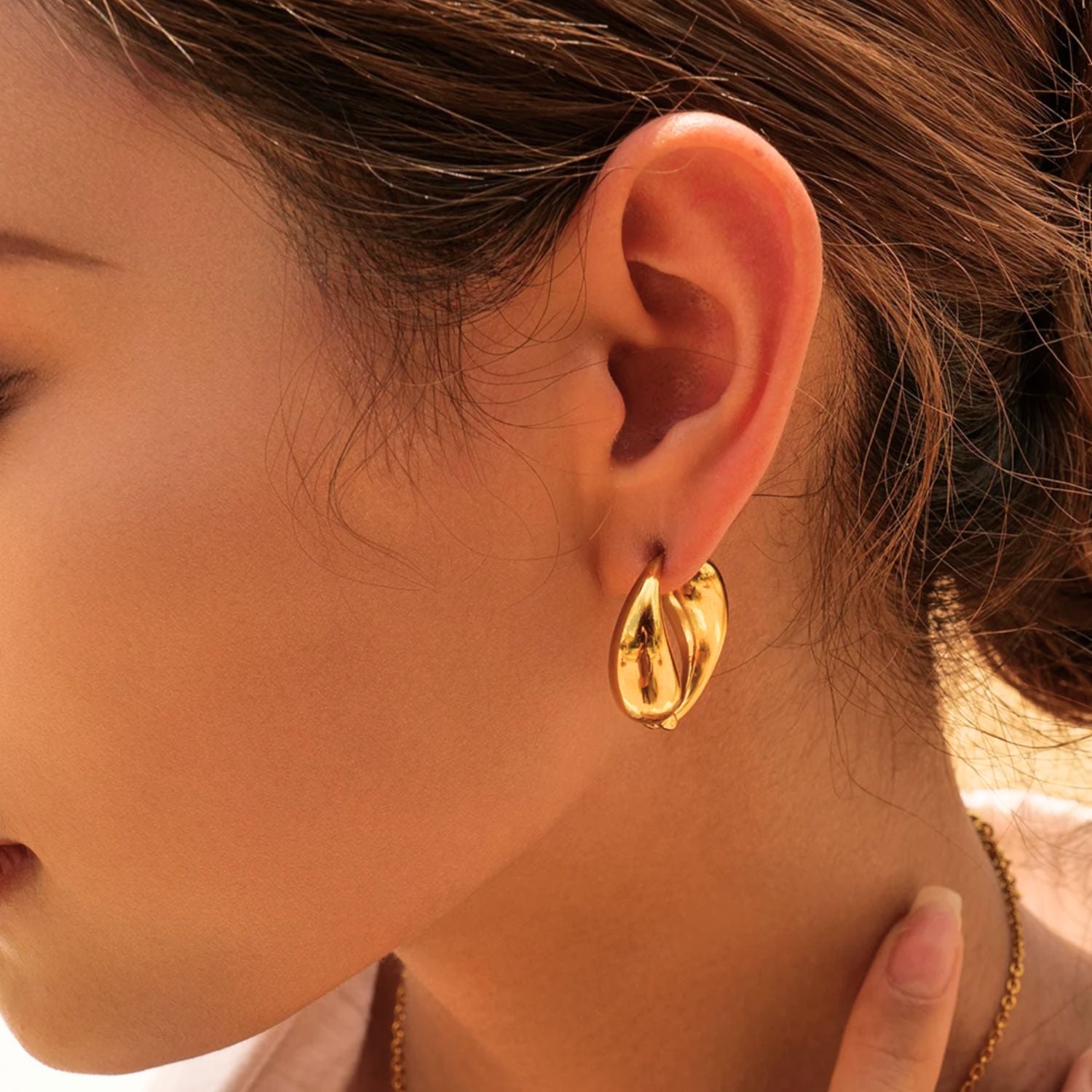 Curved Double Tear Drop Gold Hoop Earrings