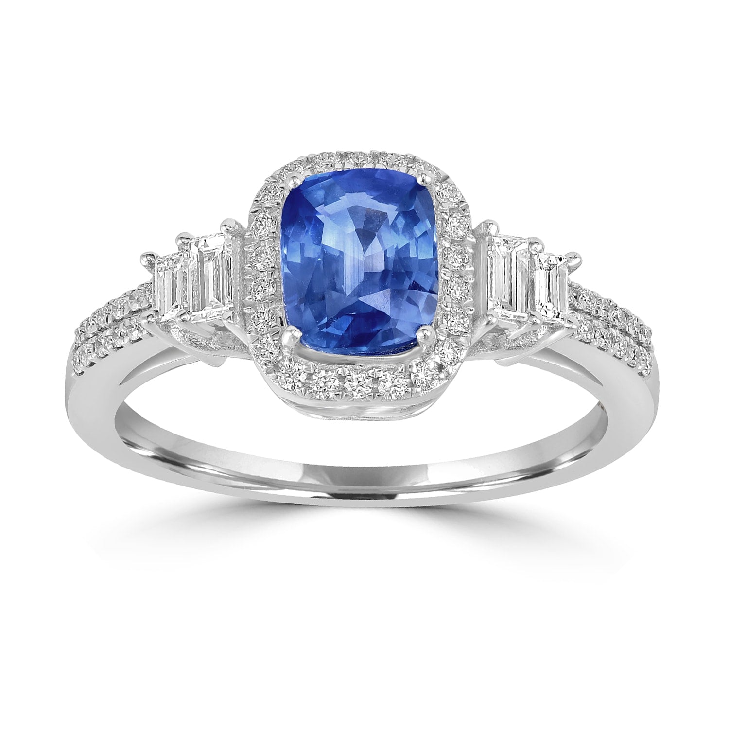 Cushion Cut Blue Sapphire Baguette Diamond Band Ring In White Gold