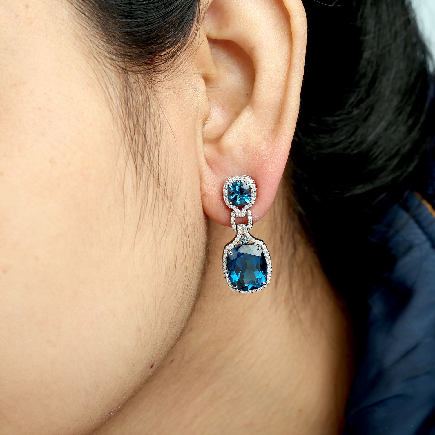 Cushion Cut London Topaz & Diamond Designer Dangle Earrings In White Gold